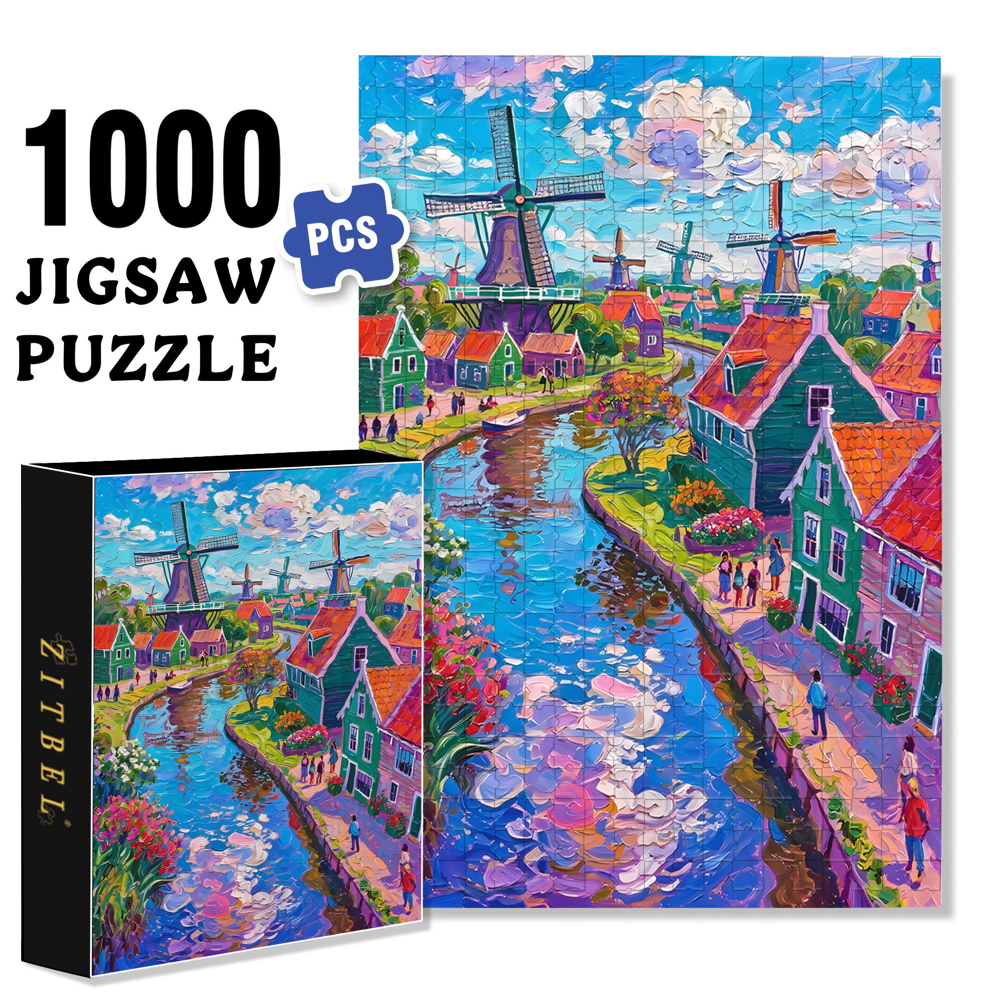 Oil Painting Style Windmill 500pcs/1000pcs Jigsaw Puzzle, Scratch-Resistant, Interactive Family Game & Brain-Boosting DIY Decor, Perfect for Halloween, Christmas & New Year Gifts, Family Puzzle Game