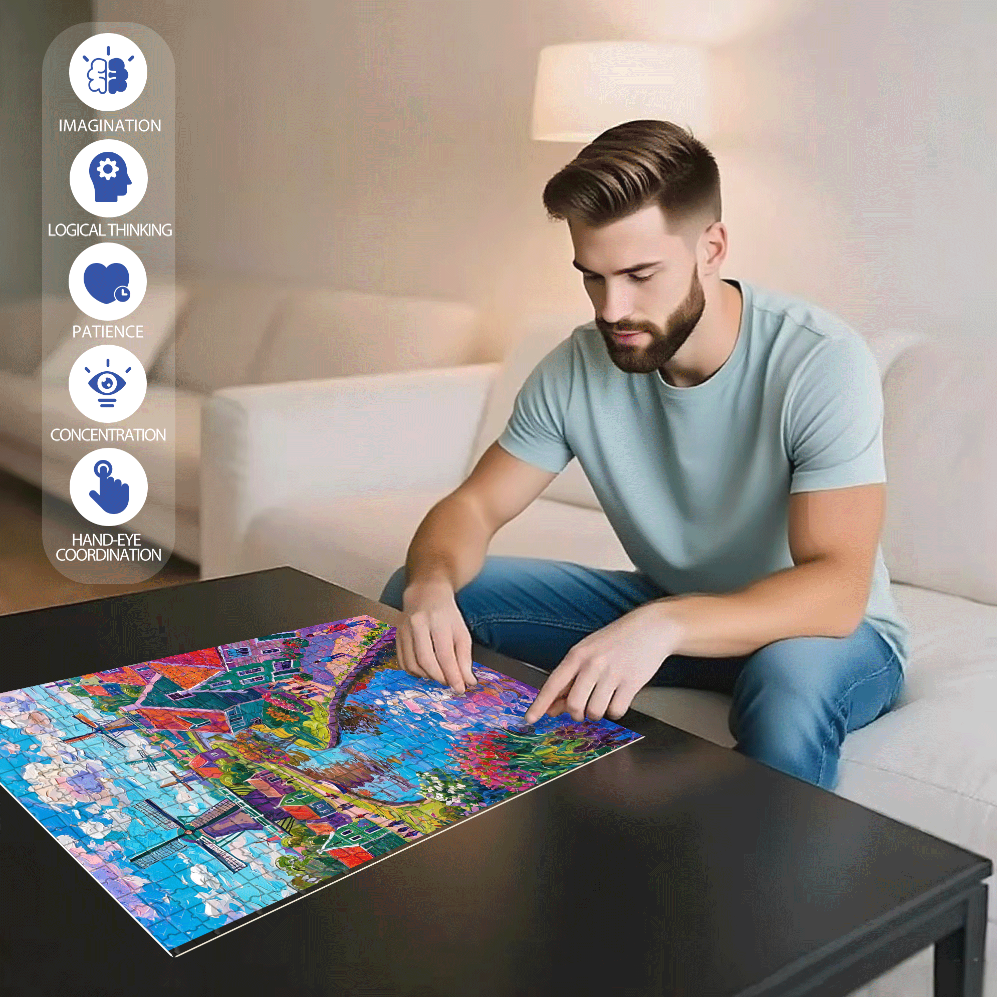 Oil Painting Style Windmill 500pcs/1000pcs Jigsaw Puzzle, Scratch-Resistant, Interactive Family Game & Brain-Boosting DIY Decor, Perfect for Halloween, Christmas & New Year Gifts, Family Puzzle Game