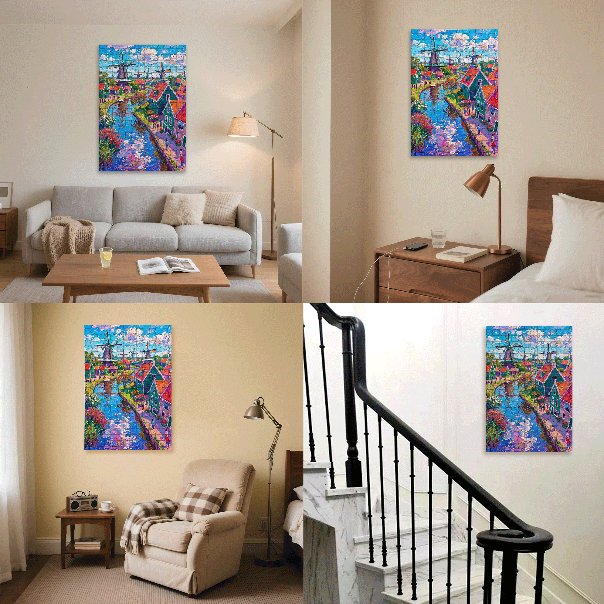 Oil Painting Style Windmill 500pcs/1000pcs Jigsaw Puzzle, Scratch-Resistant, Interactive Family Game & Brain-Boosting DIY Decor, Perfect for Halloween, Christmas & New Year Gifts, Family Puzzle Game