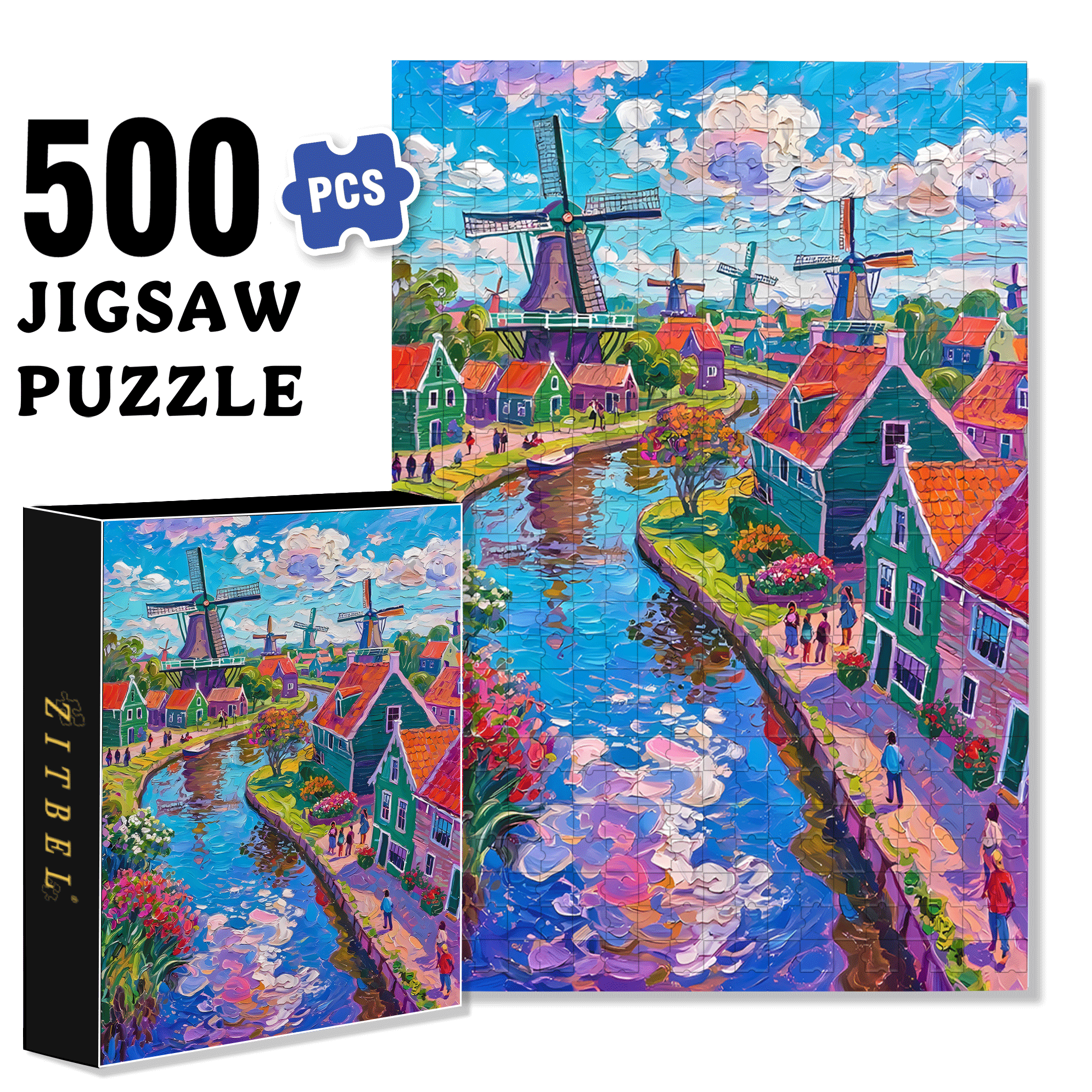 Oil Painting Style Windmill 500pcs/1000pcs Jigsaw Puzzle, Scratch-Resistant, Interactive Family Game & Brain-Boosting DIY Decor, Perfect for Halloween, Christmas & New Year Gifts, Family Puzzle Game