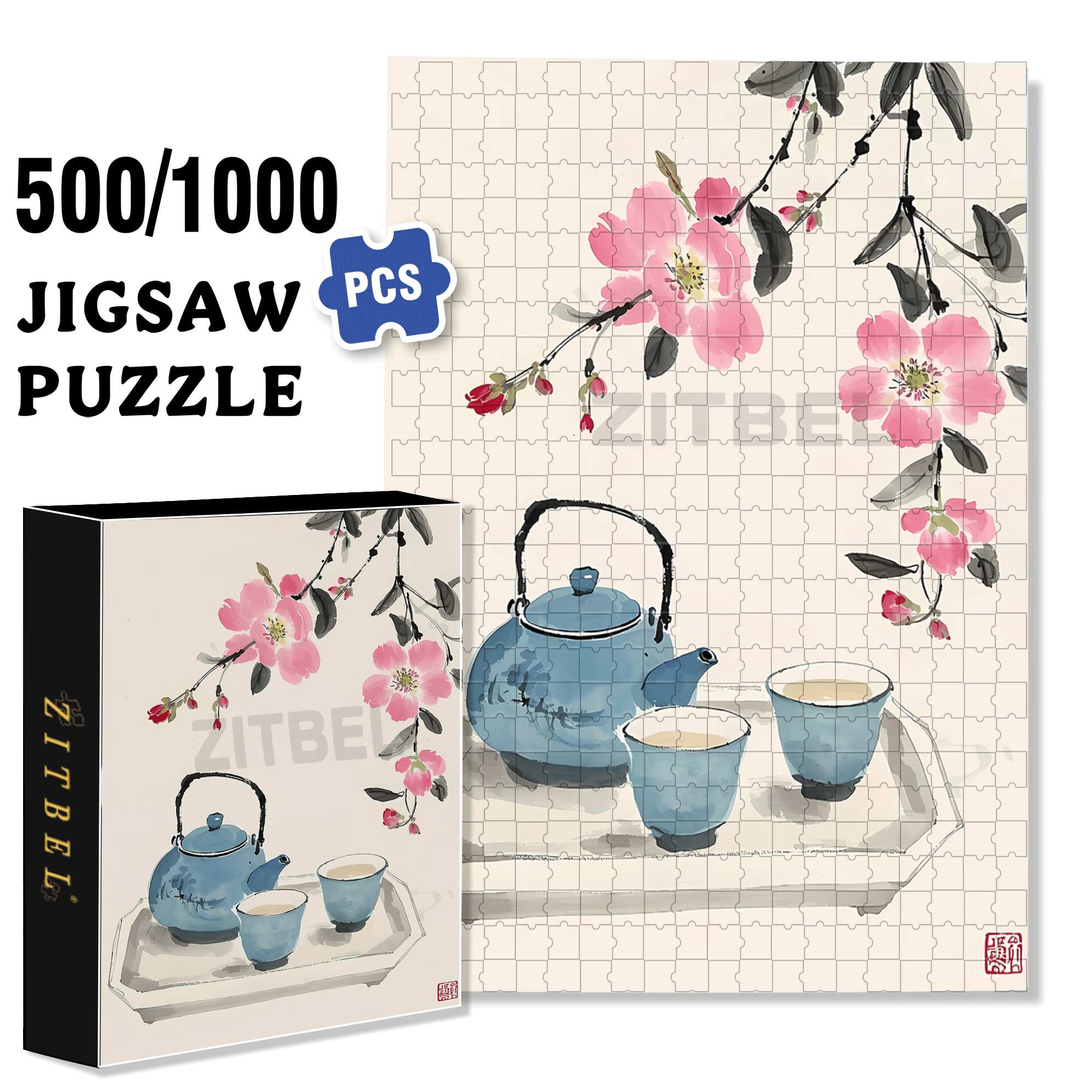 Peach blossoms & Tea 500pcs/1000pcs Jigsaw Puzzle, Scratch-Resistant, Interactive Family Game & Brain-Boosting DIY Decor, Perfect for Halloween, Christmas & New Year Gifts, Family Puzzle Game