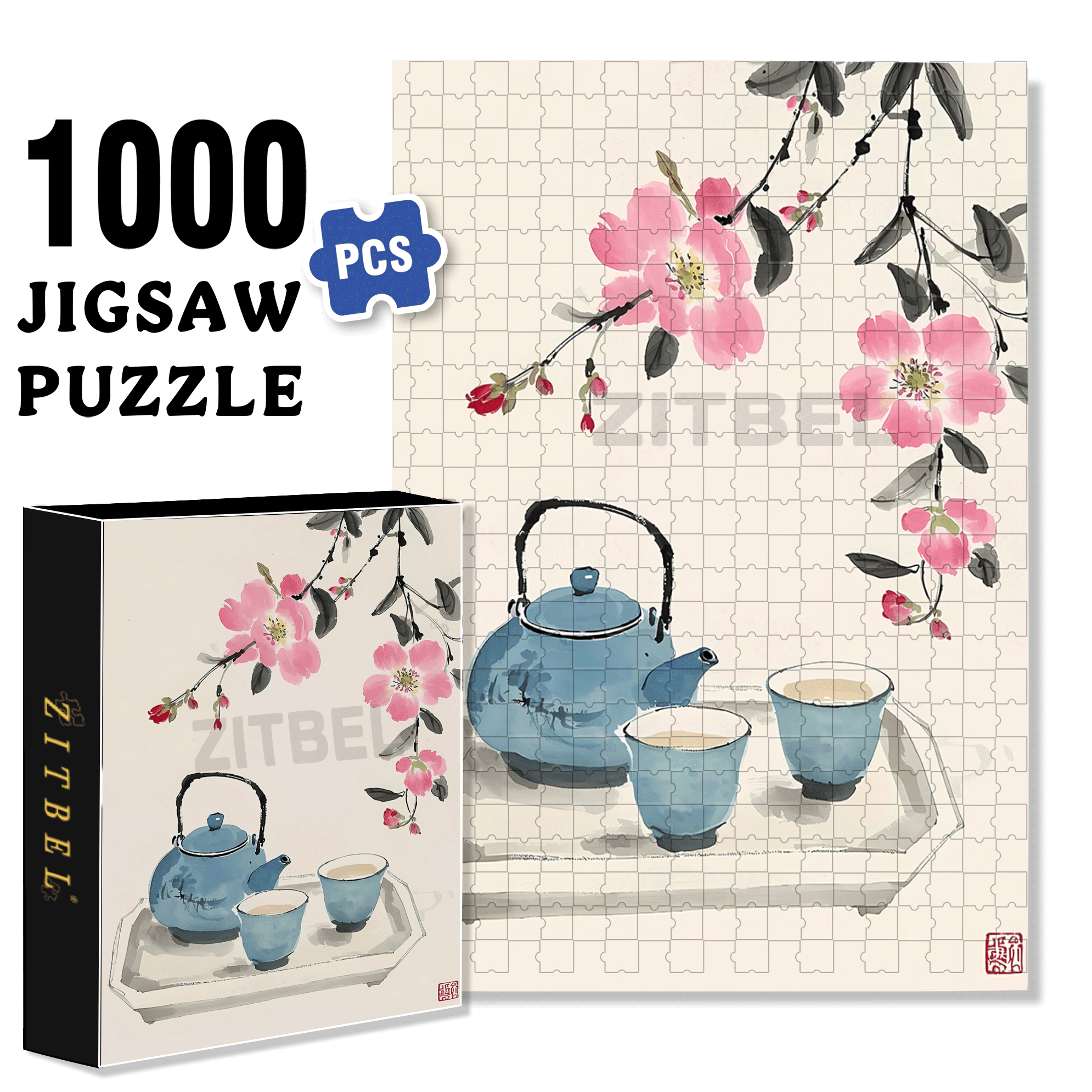 Peach blossoms & Tea 500pcs/1000pcs Jigsaw Puzzle, Scratch-Resistant, Interactive Family Game & Brain-Boosting DIY Decor, Perfect for Halloween, Christmas & New Year Gifts, Family Puzzle Game