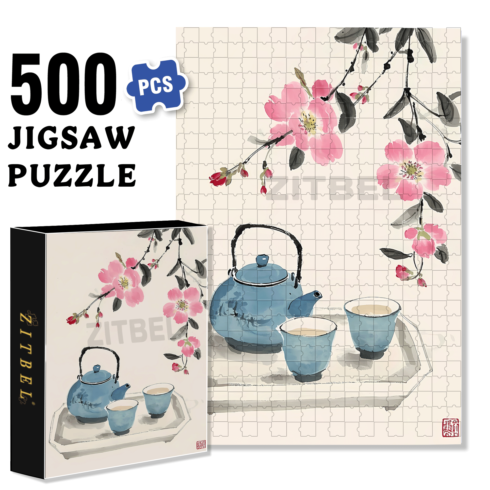 Peach blossoms & Tea 500pcs/1000pcs Jigsaw Puzzle, Scratch-Resistant, Interactive Family Game & Brain-Boosting DIY Decor, Perfect for Halloween, Christmas & New Year Gifts, Family Puzzle Game
