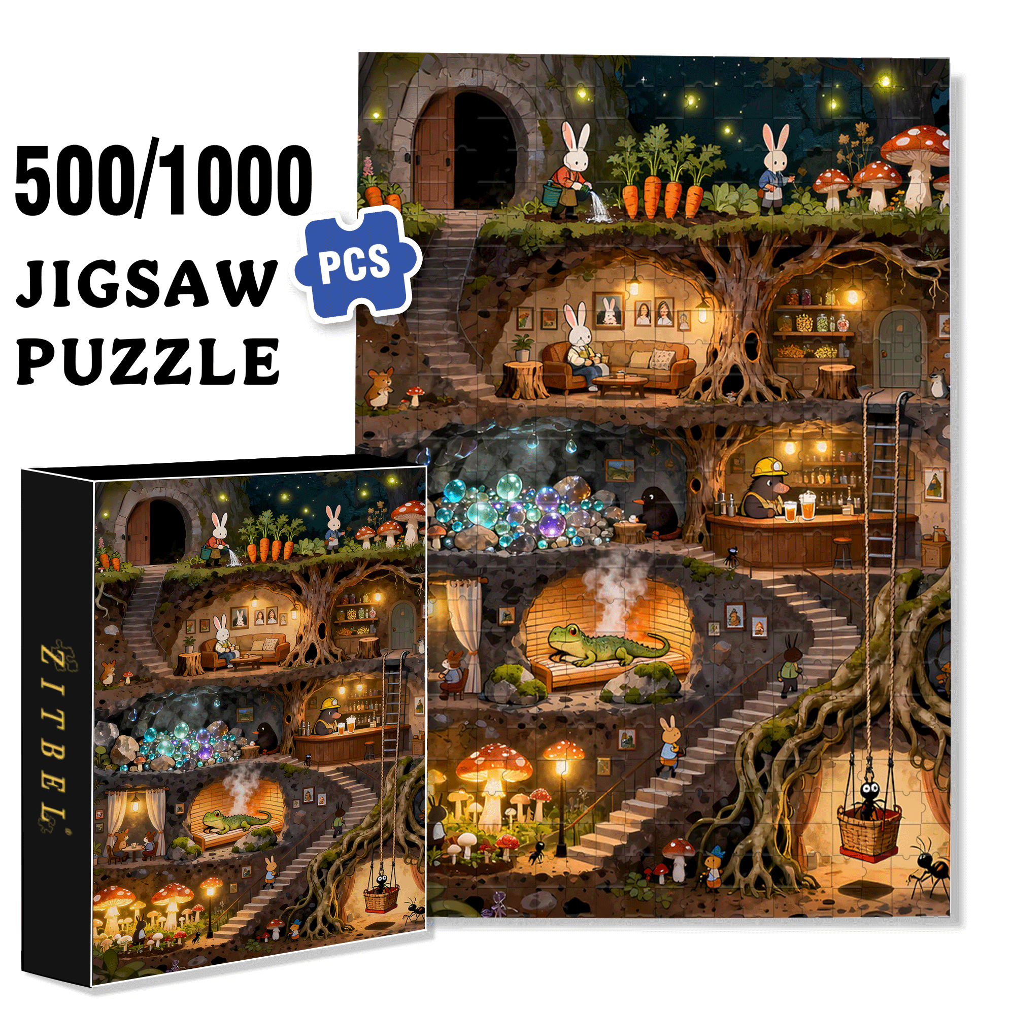 Rabbit City 500pcs/1000pcs Jigsaw Puzzle, Scratch-Resistant, Interactive Family Game & Brain-Boosting DIY Decor, Perfect for Halloween, Christmas & New Year Gifts, Family Puzzle Game