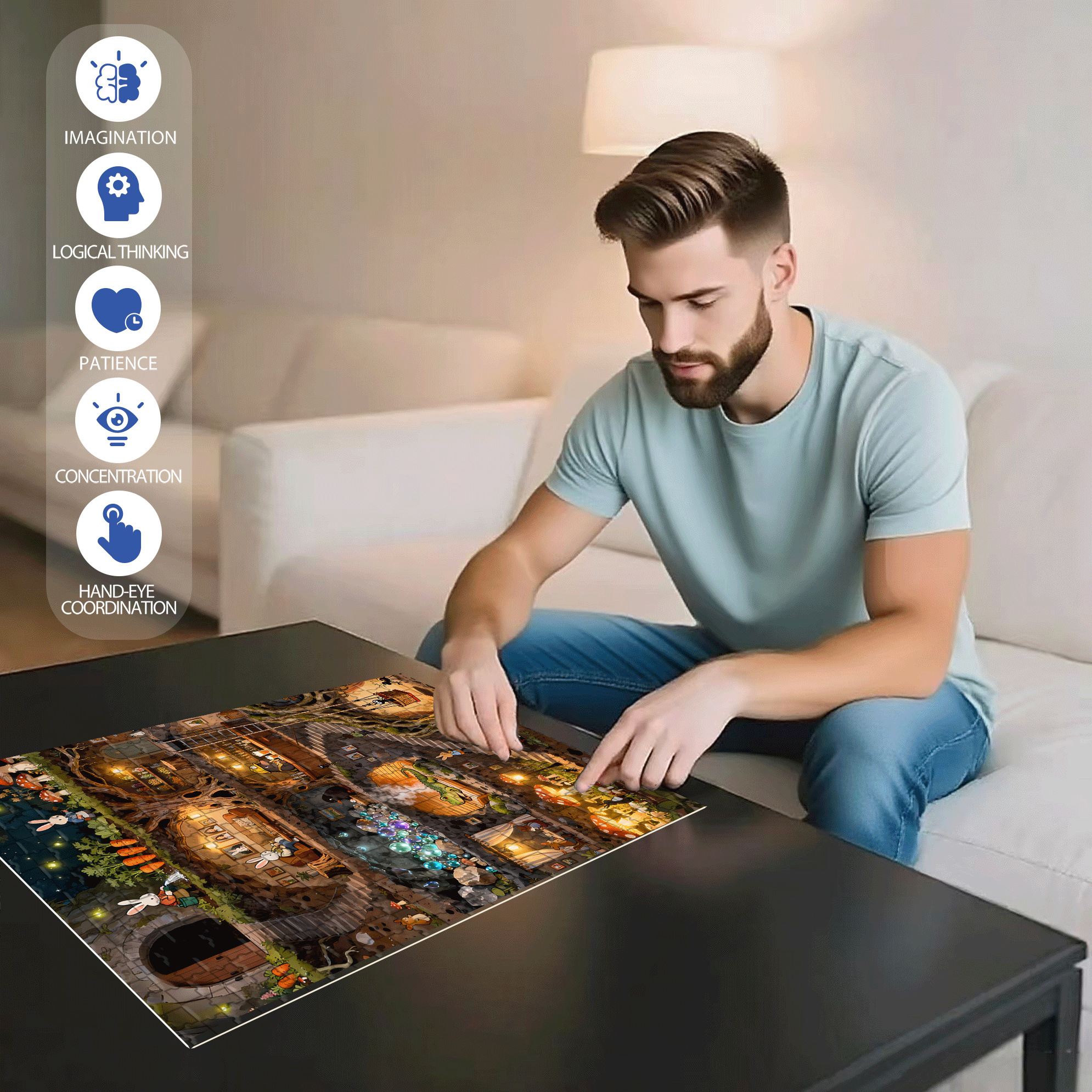 Rabbit City 500pcs/1000pcs Jigsaw Puzzle, Scratch-Resistant, Interactive Family Game & Brain-Boosting DIY Decor, Perfect for Halloween, Christmas & New Year Gifts, Family Puzzle Game