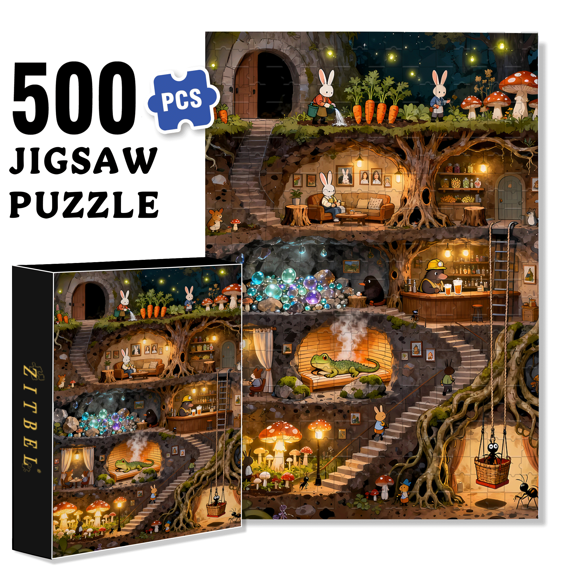 Rabbit City 500pcs/1000pcs Jigsaw Puzzle, Scratch-Resistant, Interactive Family Game & Brain-Boosting DIY Decor, Perfect for Halloween, Christmas & New Year Gifts, Family Puzzle Game