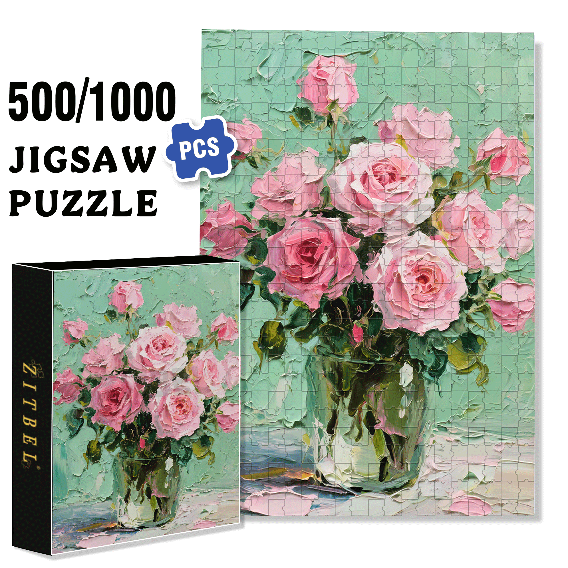 Roses In A Vase 500pcs/1000pcs Jigsaw Puzzle, Scratch-Resistant, Interactive Family Game & Brain-Boosting DIY Decor, Perfect for Halloween, Christmas & New Year Gifts, Family Puzzle Game
