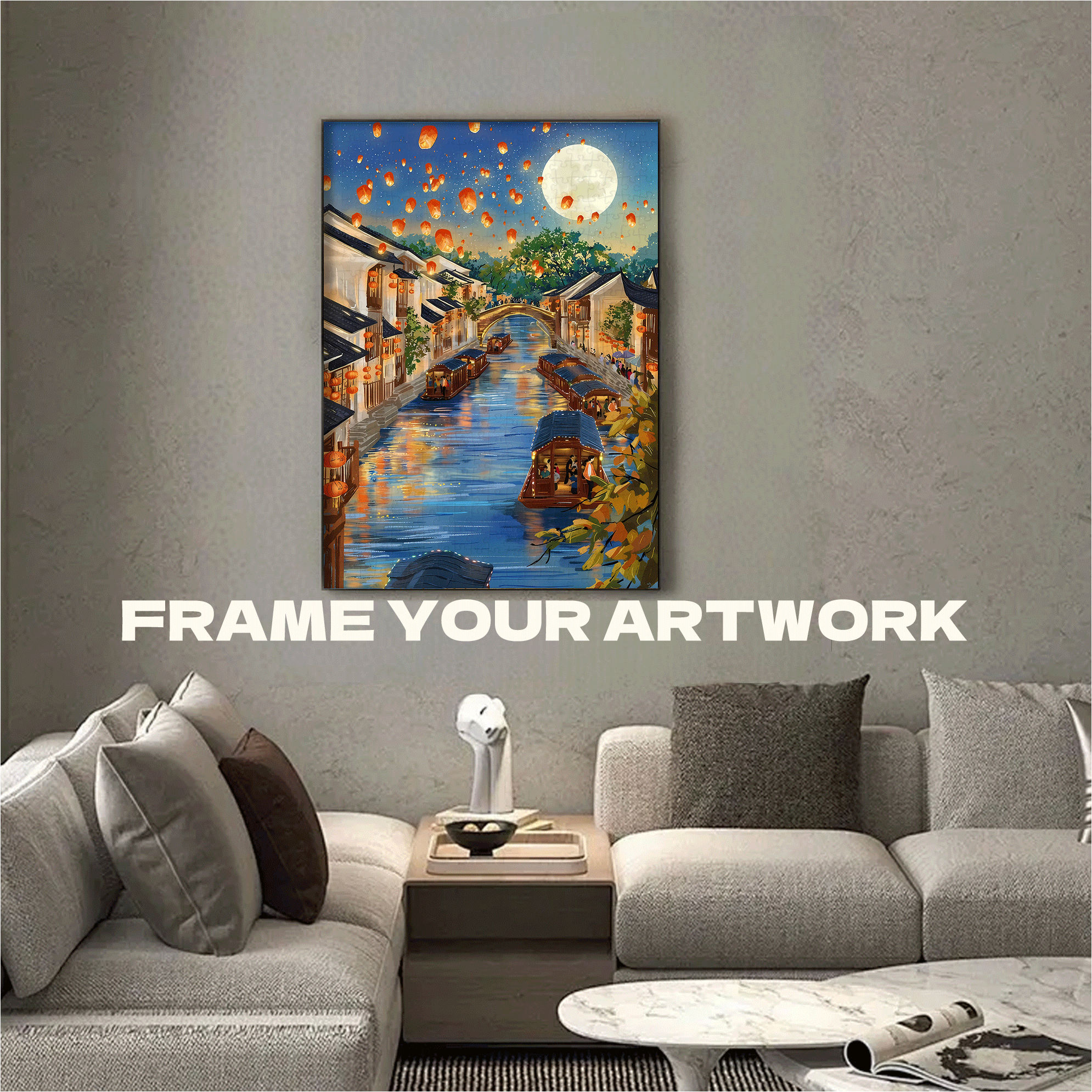 Moonlit Water Village 500pcs/1000pcs Jigsaw Puzzle, Scratch-Resistant, Interactive Family Game & Brain-Boosting DIY Decor, Perfect for Halloween, Christmas & New Year Gifts, Family Puzzle Game