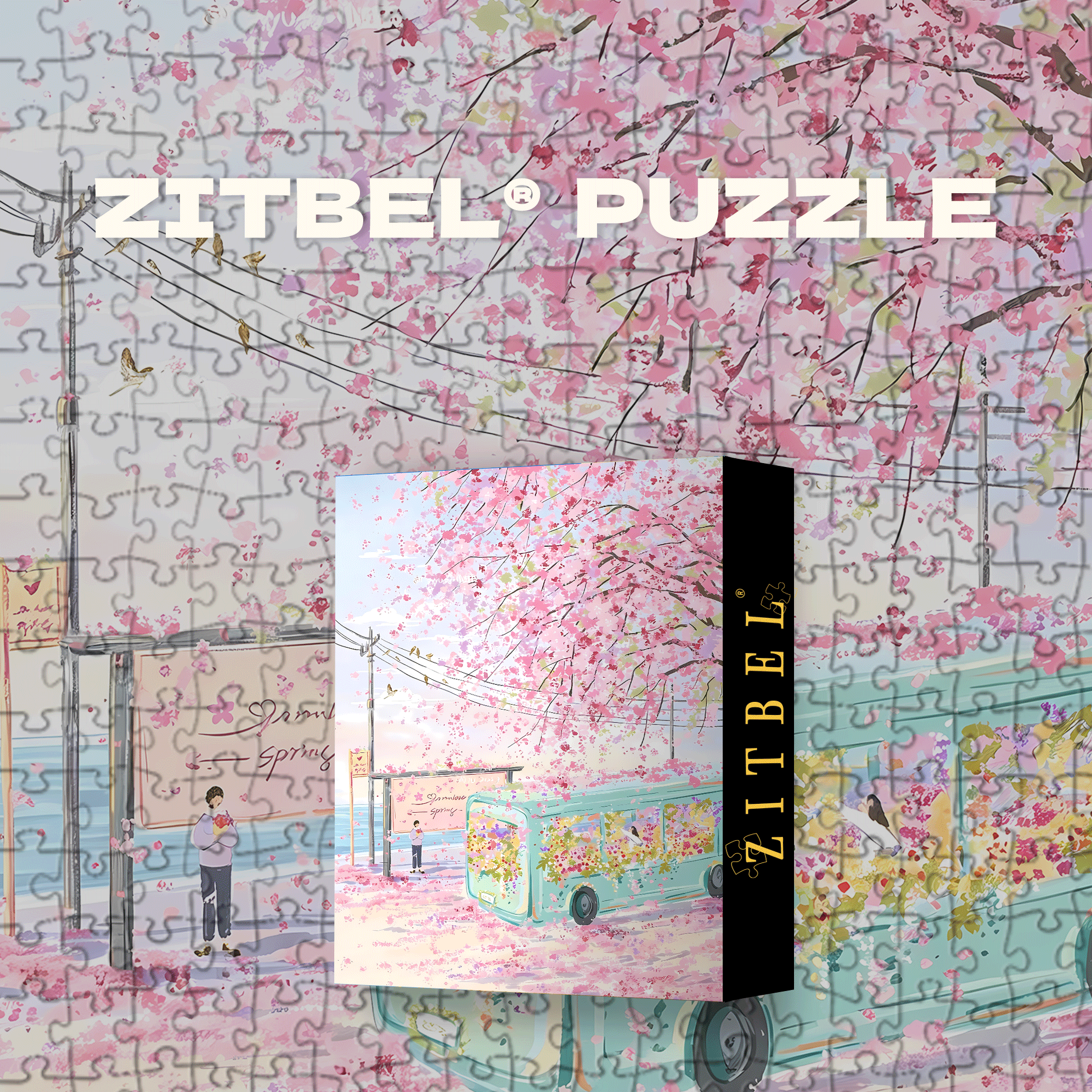 Pink Cherry Blossom Lane 500pcs/1000pcs Jigsaw Puzzle, Scratch-Resistant, Interactive Family Game & Brain-Boosting DIY Decor, Perfect for Halloween, Christmas & New Year Gifts, Family Puzzle Game