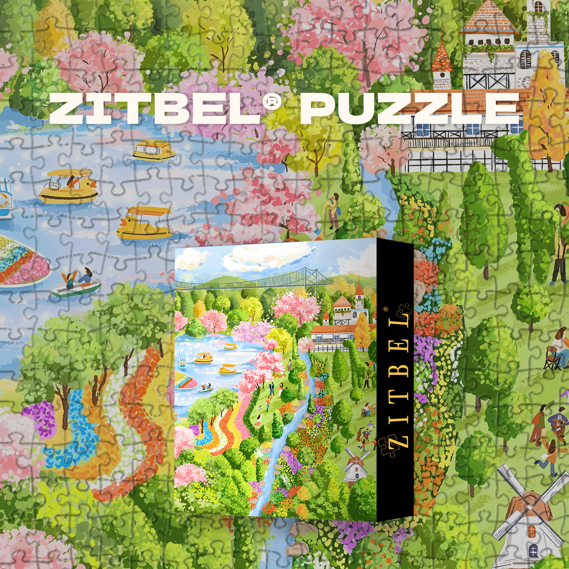 Spring River Embankment Park 500pcs/1000pcs Jigsaw Puzzle, Scratch-Resistant, Interactive Family Game & Brain-Boosting DIY Decor, Perfect for Halloween, Christmas & New Year Gifts, Family Puzzle Game