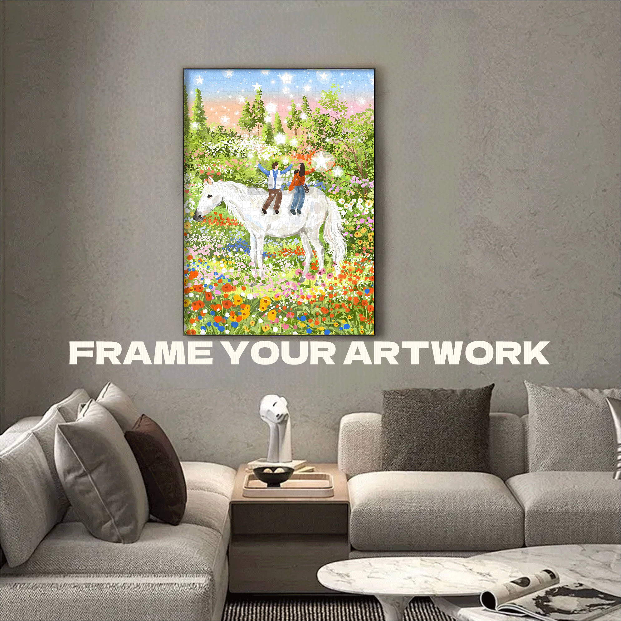 White Horse Treading On Flowers 500pcs/1000pcs Jigsaw Puzzle, Scratch-Resistant, Interactive Family Game & Brain-Boosting DIY Decor, Perfect for Halloween, Christmas & New Year Gifts, Family Puzzle Game