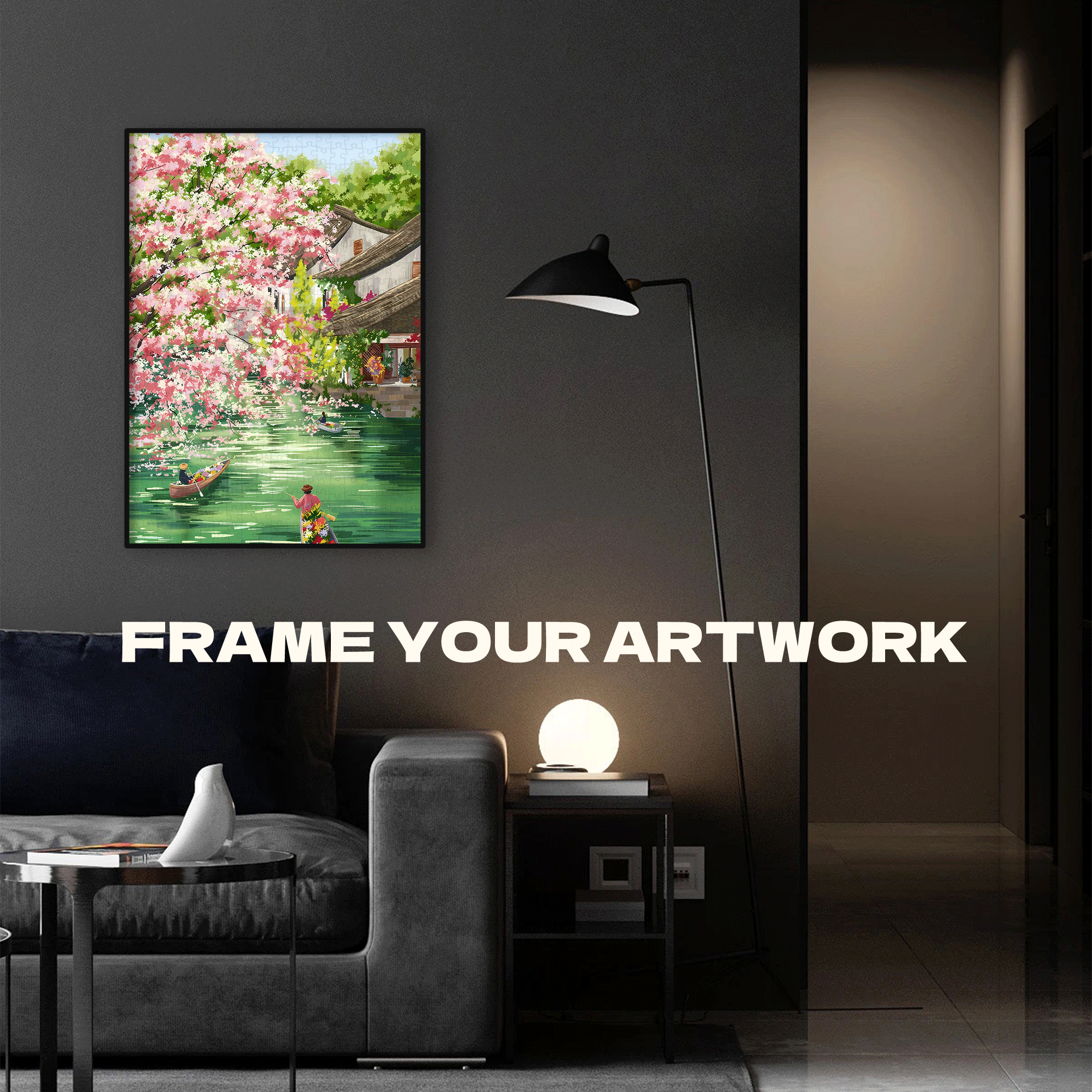 A Boat Adorned With Flowers Sailing On The Stream 500pcs/1000pcs Jigsaw Puzzle, Scratch-Resistant, Interactive Family Game & Brain-Boosting DIY Decor, Perfect for Halloween, Christmas & New Year Gifts, Family Puzzle Game