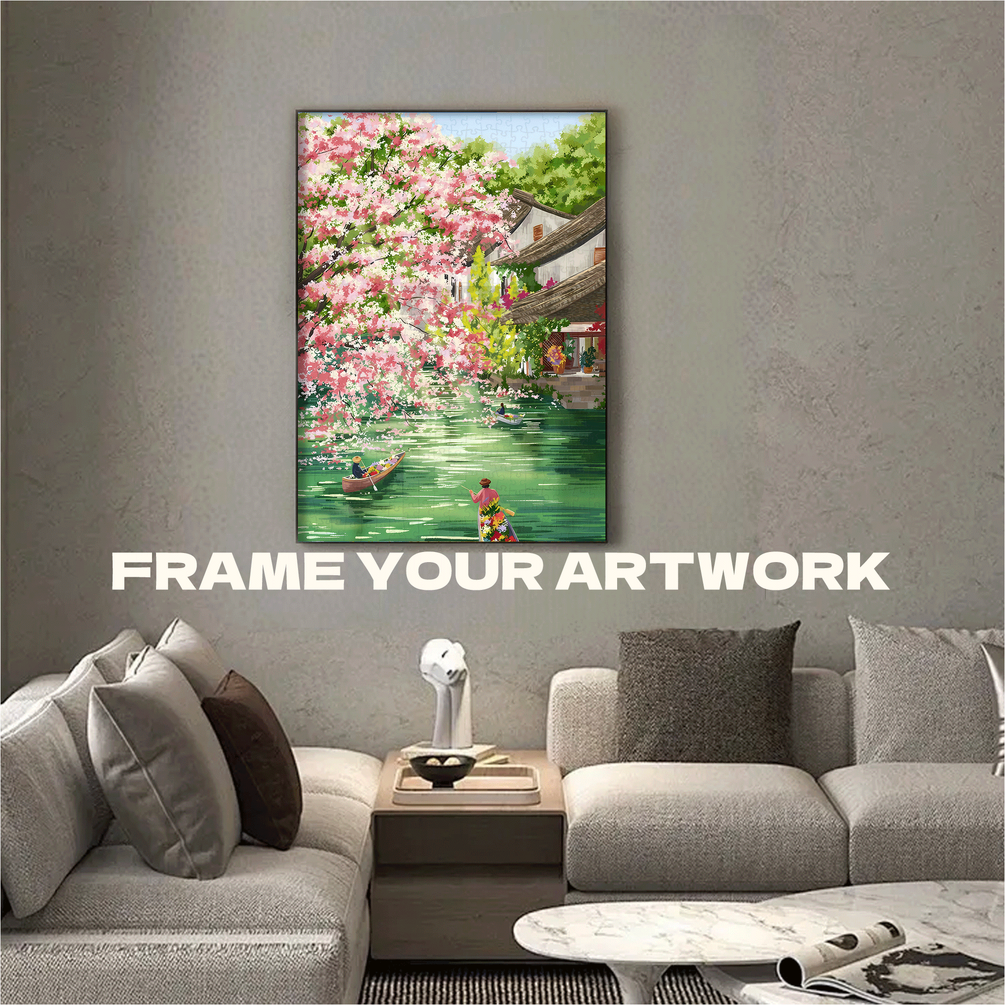 A Boat Adorned With Flowers Sailing On The Stream 500pcs/1000pcs Jigsaw Puzzle, Scratch-Resistant, Interactive Family Game & Brain-Boosting DIY Decor, Perfect for Halloween, Christmas & New Year Gifts, Family Puzzle Game