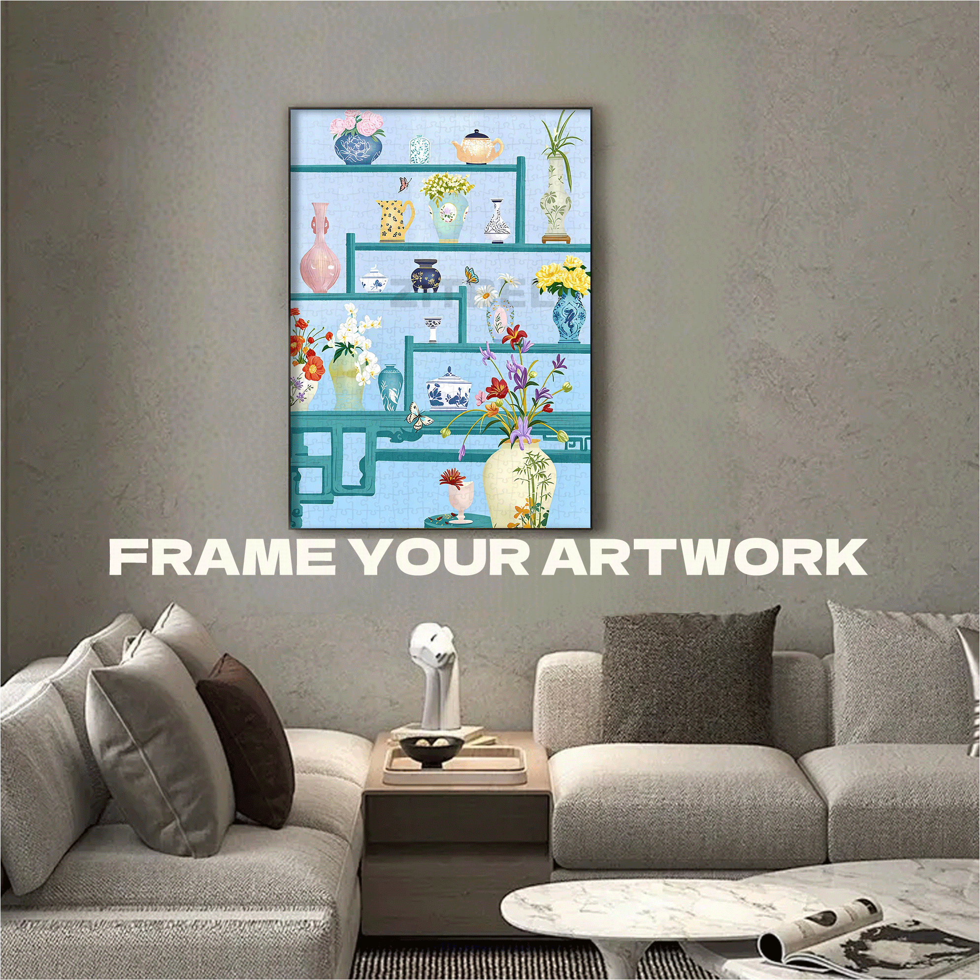 Celadon Porcelain and Floral Shadows 500pcs/1000pcs Jigsaw Puzzle, Scratch-Resistant, Interactive Family Game & Brain-Boosting DIY Decor, Perfect for Halloween, Christmas & New Year Gifts, Family Puzzle Game