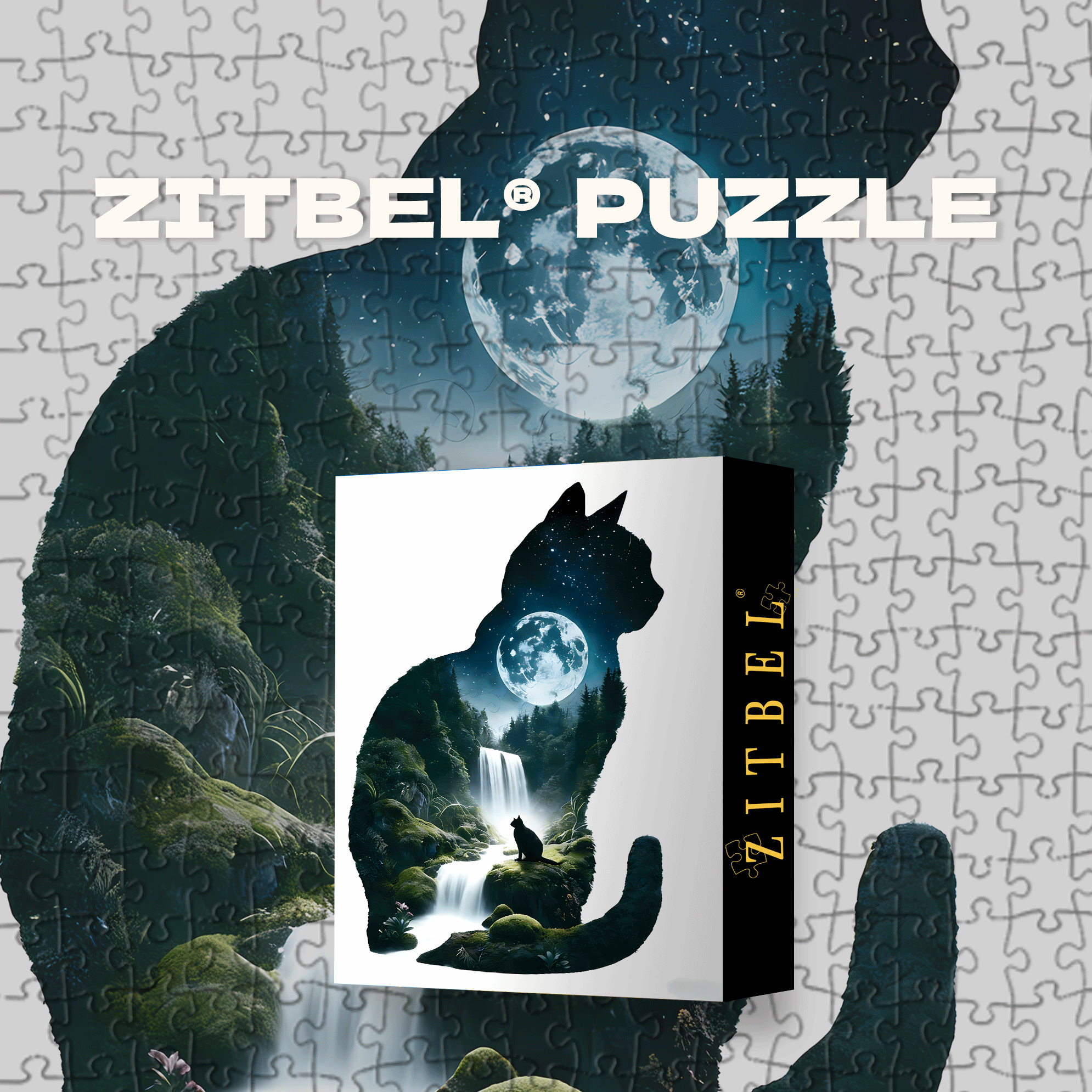 Moonlit Waterfall Cat 500pcs/1000pcs Jigsaw Puzzle, Scratch-Resistant, Interactive Family Game & Brain-Boosting DIY Decor, Perfect for Halloween, Christmas & New Year Gifts, Family Puzzle Game