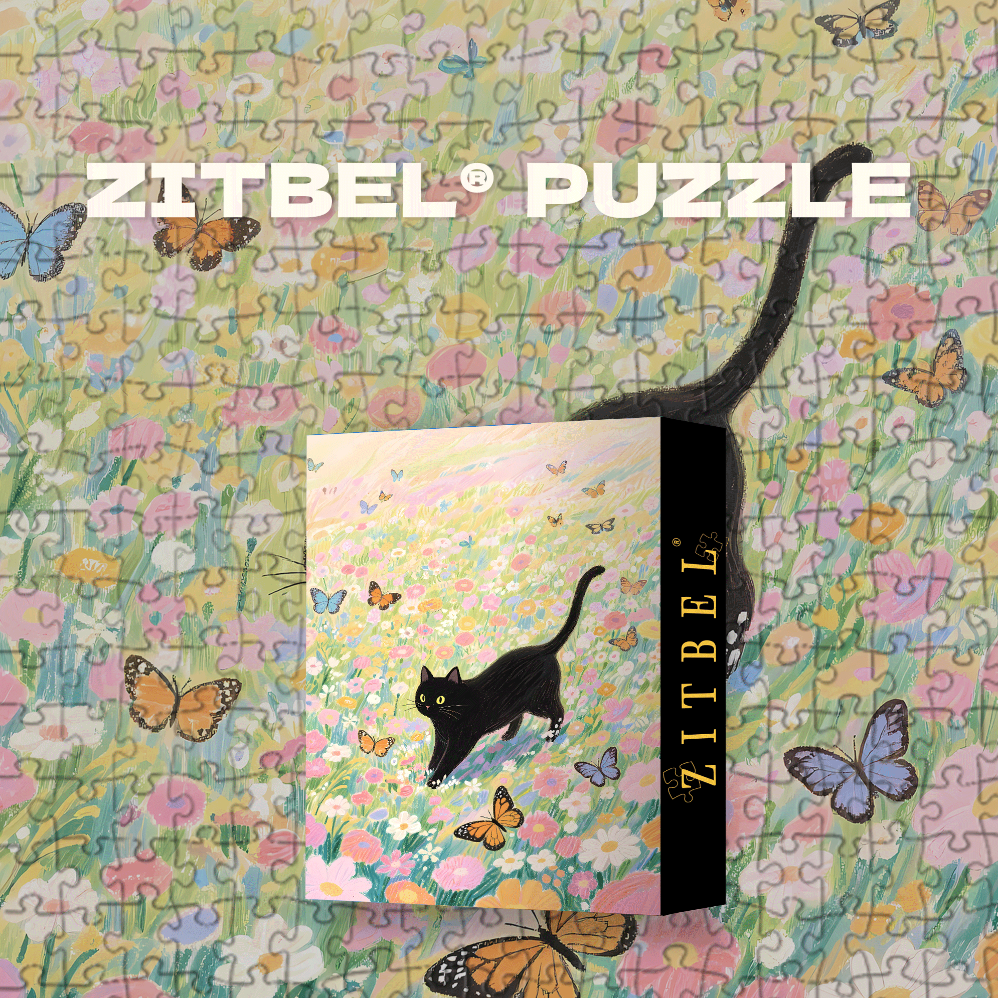 A Black Cat Chasing A bButterfly 500pcs/1000pcs Jigsaw Puzzle, Scratch-Resistant, Interactive Family Game & Brain-Boosting DIY Decor, Perfect for Halloween, Christmas & New Year Gifts, Family Puzzle Game