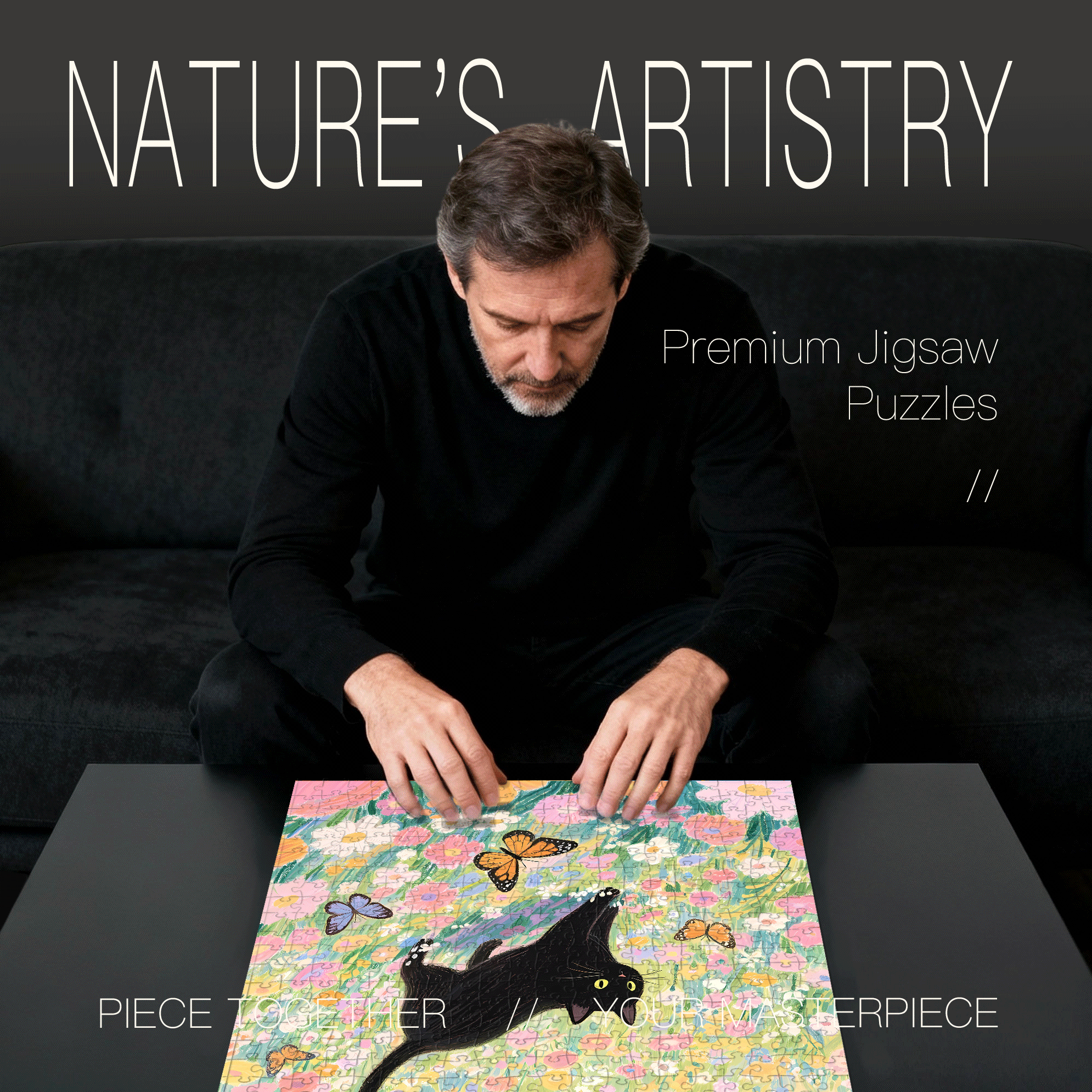 A Black Cat Chasing A bButterfly 500pcs/1000pcs Jigsaw Puzzle, Scratch-Resistant, Interactive Family Game & Brain-Boosting DIY Decor, Perfect for Halloween, Christmas & New Year Gifts, Family Puzzle Game