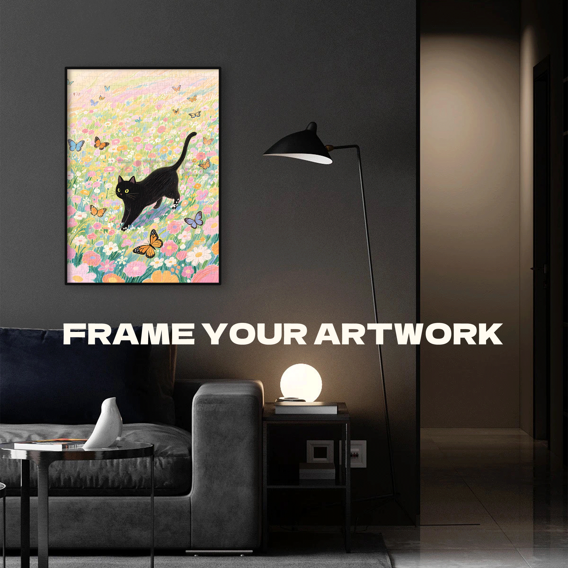 A Black Cat Chasing A bButterfly 500pcs/1000pcs Jigsaw Puzzle, Scratch-Resistant, Interactive Family Game & Brain-Boosting DIY Decor, Perfect for Halloween, Christmas & New Year Gifts, Family Puzzle Game