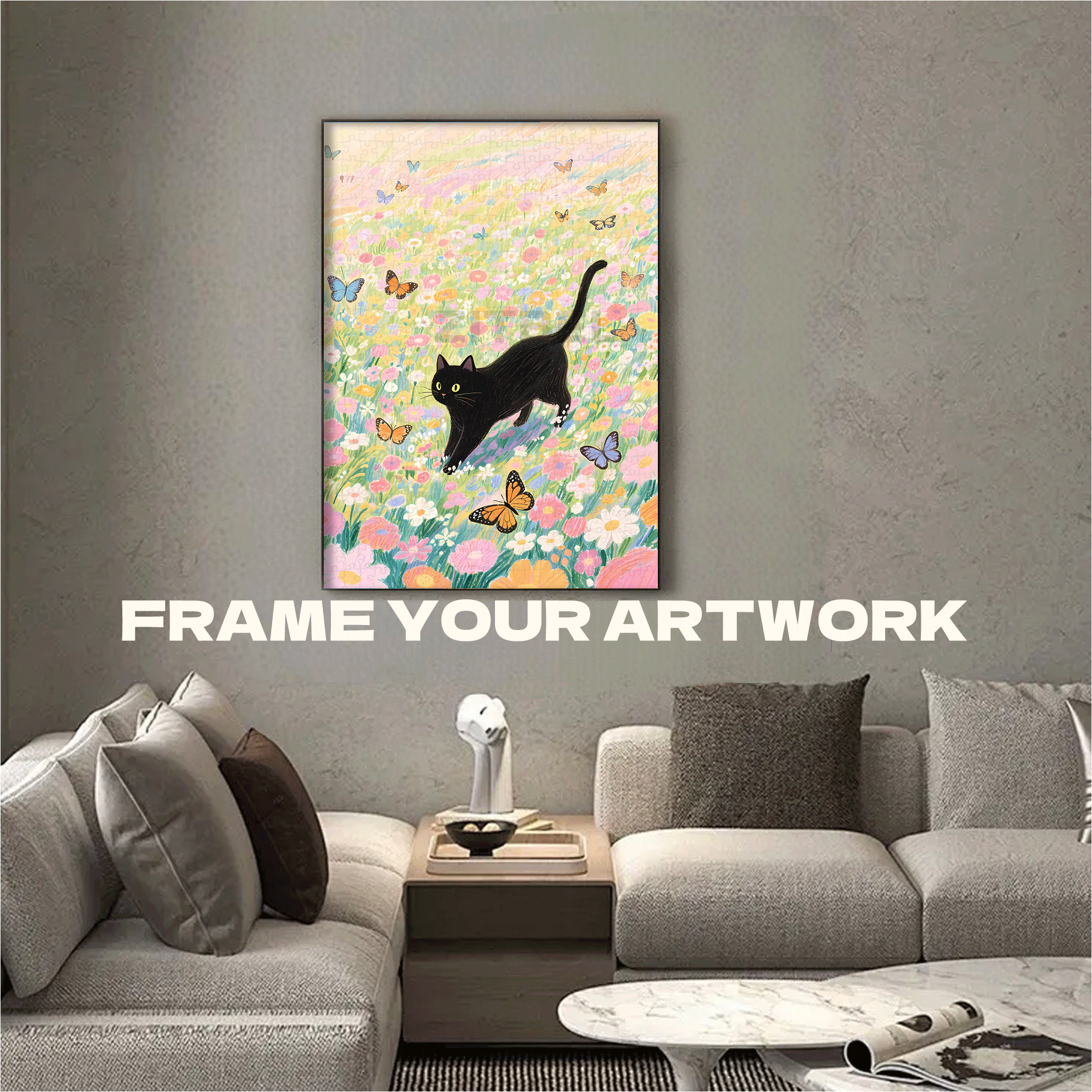 A Black Cat Chasing A bButterfly 500pcs/1000pcs Jigsaw Puzzle, Scratch-Resistant, Interactive Family Game & Brain-Boosting DIY Decor, Perfect for Halloween, Christmas & New Year Gifts, Family Puzzle Game