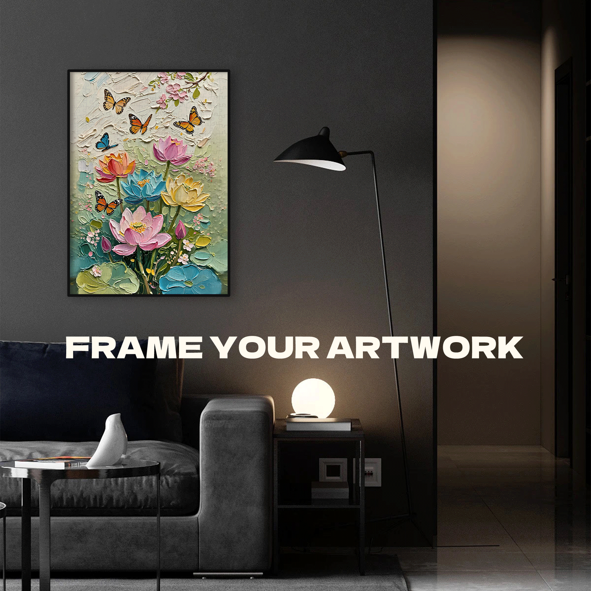 Butterflies Dancing Among Lotus Flowers 500pcs/1000pcs Jigsaw Puzzle, Scratch-Resistant, Interactive Family Game & Brain-Boosting DIY Decor, Perfect for Halloween, Christmas & New Year Gifts, Family Puzzle Game