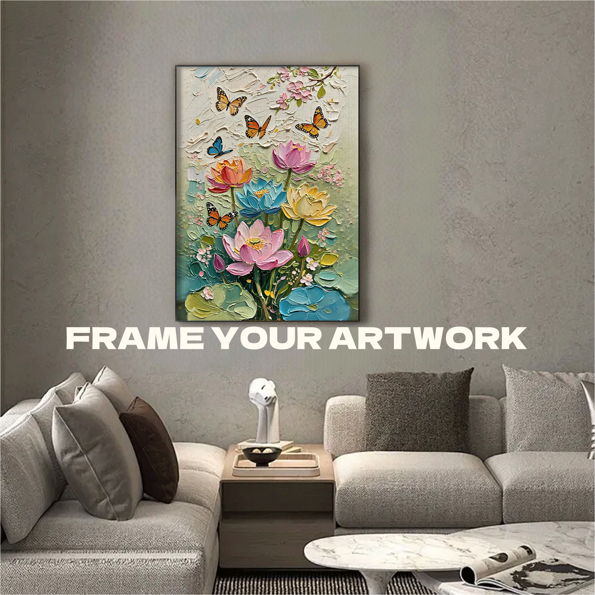 Butterflies Dancing Among Lotus Flowers 500pcs/1000pcs Jigsaw Puzzle, Scratch-Resistant, Interactive Family Game & Brain-Boosting DIY Decor, Perfect for Halloween, Christmas & New Year Gifts, Family Puzzle Game