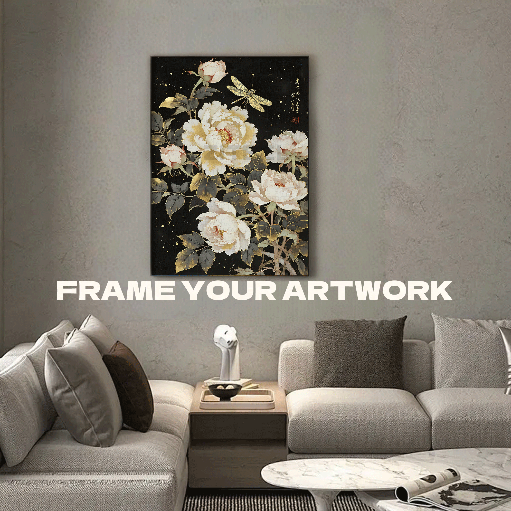 Dragonflies & Peonies 500pcs/1000pcs Jigsaw Puzzle, Scratch-Resistant, Interactive Family Game & Brain-Boosting DIY Decor, Perfect for Halloween, Christmas & New Year Gifts, Family Puzzle Game