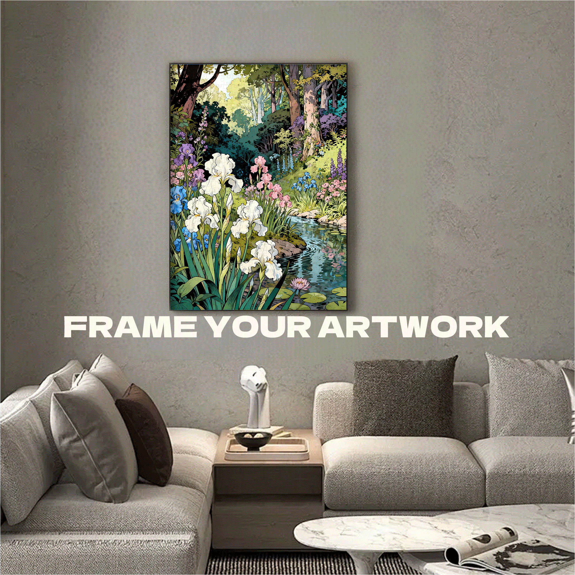 Irises By The Stream 500pcs/1000pcs Jigsaw Puzzle, Scratch-Resistant, Interactive Family Game & Brain-Boosting DIY Decor, Perfect for Halloween, Christmas & New Year Gifts, Family Puzzle Game