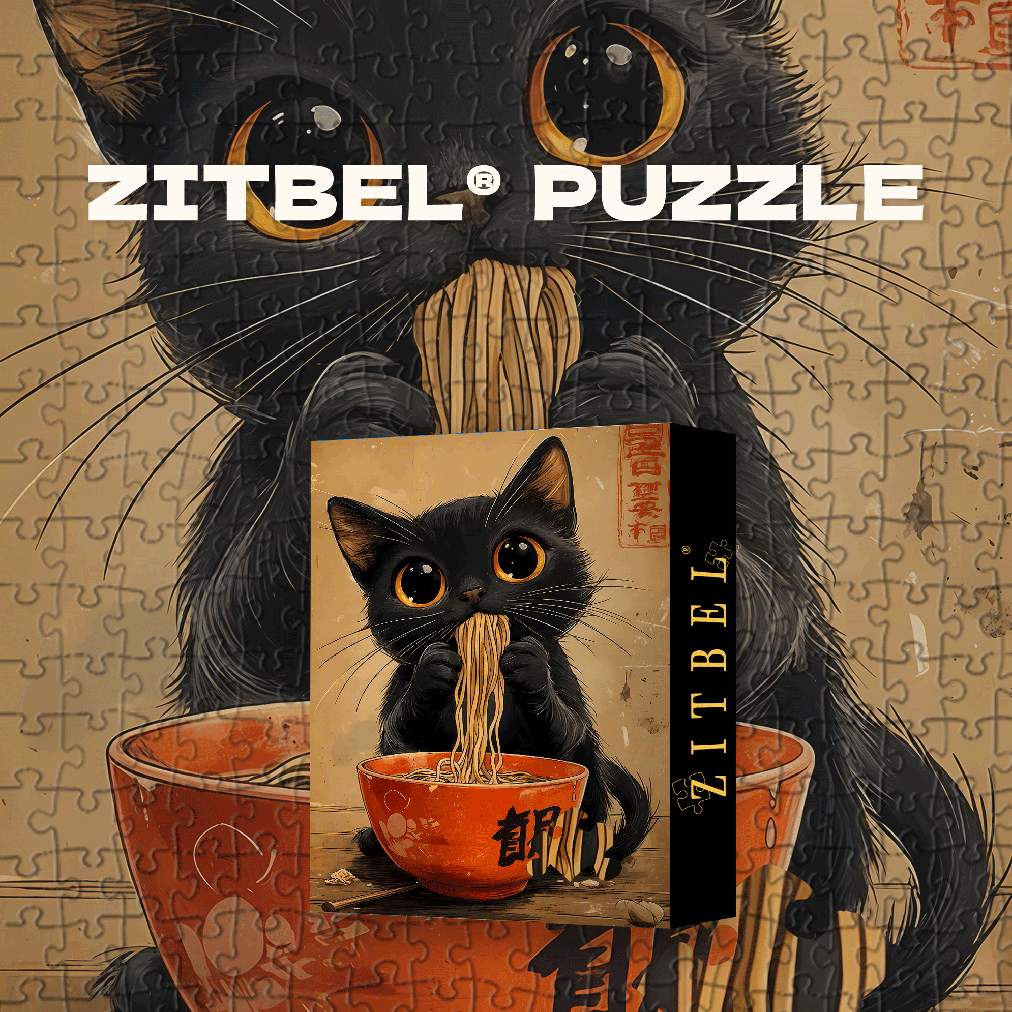 Cat Eating Ramen Anime 500pcs/1000pcs Jigsaw Puzzle, Scratch-Resistant, Interactive Family Game & Brain-Boosting DIY Decor, Perfect for Halloween, Christmas & New Year Gifts, Family Puzzle Game