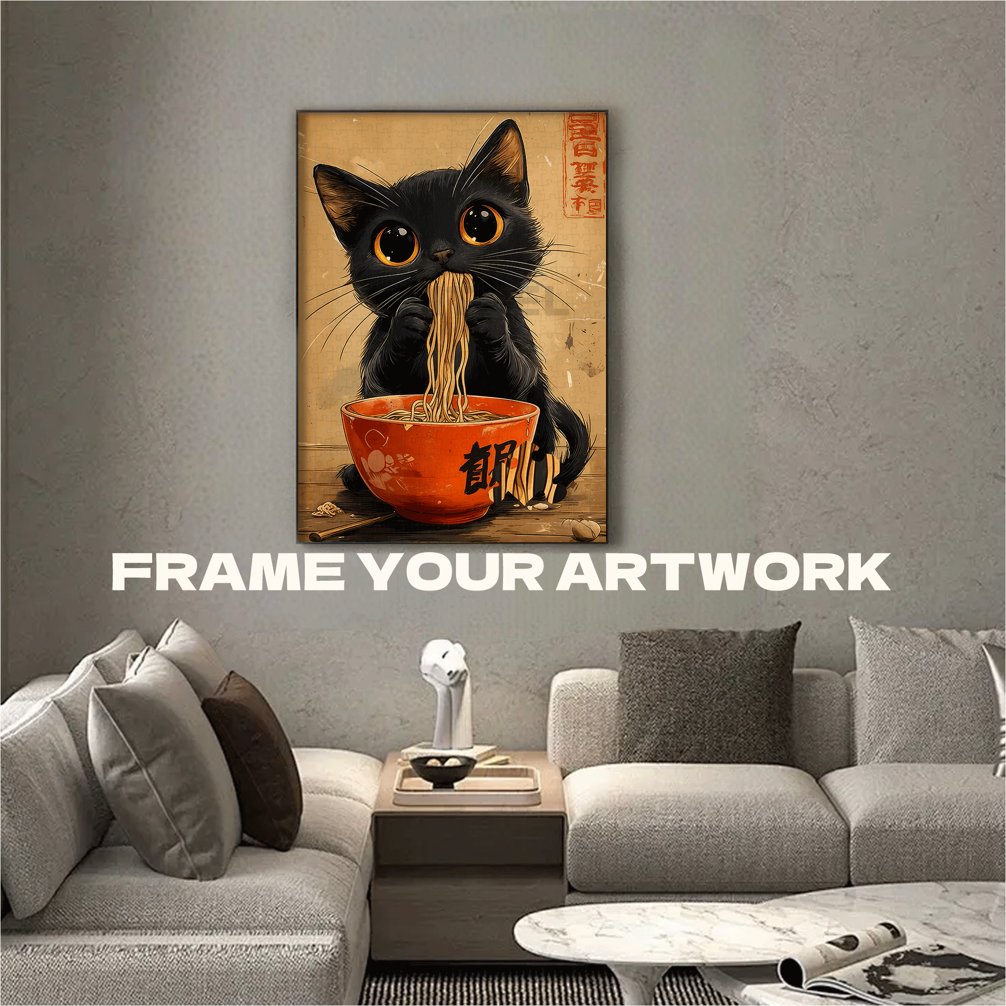 Cat Eating Ramen Anime 500pcs/1000pcs Jigsaw Puzzle, Scratch-Resistant, Interactive Family Game & Brain-Boosting DIY Decor, Perfect for Halloween, Christmas & New Year Gifts, Family Puzzle Game