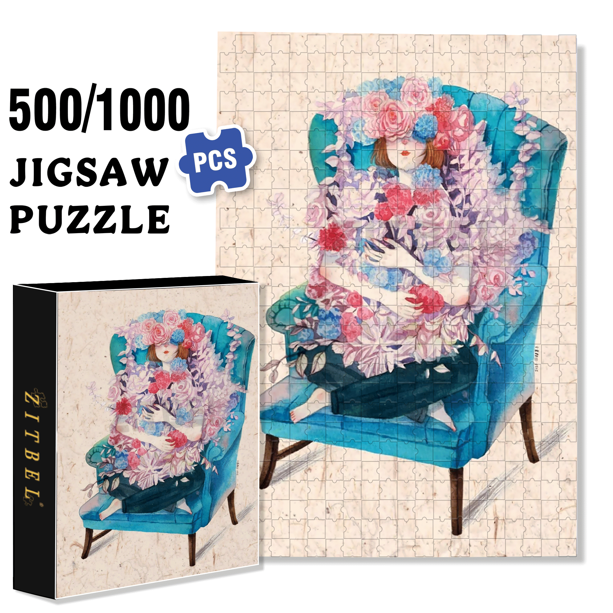 Blossoming On The Sofa 500pcs/1000pcs Jigsaw Puzzle, Scratch-Resistant, Interactive Family Game & Brain-Boosting DIY Decor, Perfect for Halloween, Christmas & New Year Gifts, Family Puzzle Game