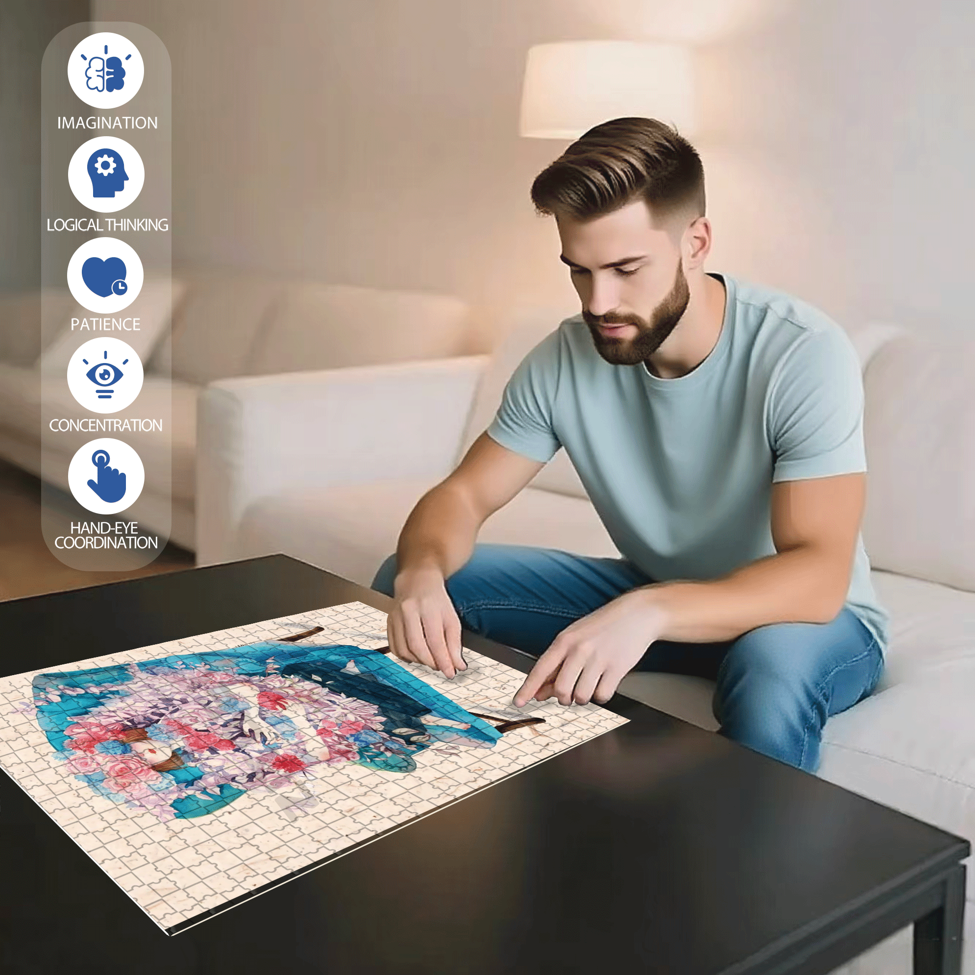 Blossoming On The Sofa 500pcs/1000pcs Jigsaw Puzzle, Scratch-Resistant, Interactive Family Game & Brain-Boosting DIY Decor, Perfect for Halloween, Christmas & New Year Gifts, Family Puzzle Game