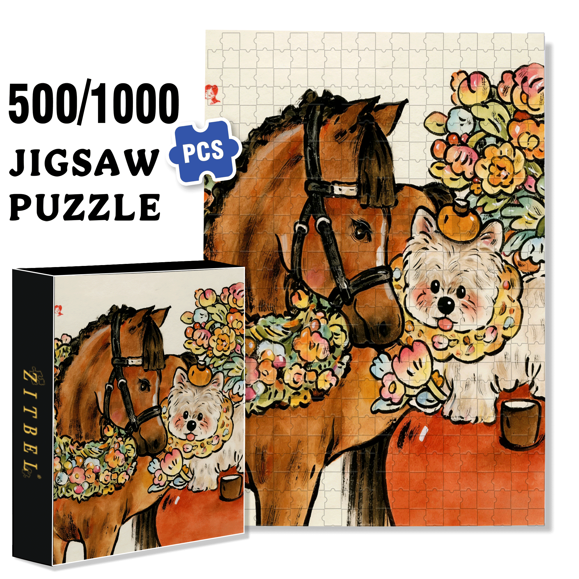 Gentle Little Horse 500pcs/1000pcs Jigsaw Puzzle, Scratch-Resistant, Interactive Family Game & Brain-Boosting DIY Decor, Perfect for Halloween, Christmas & New Year Gifts, Family Puzzle Game