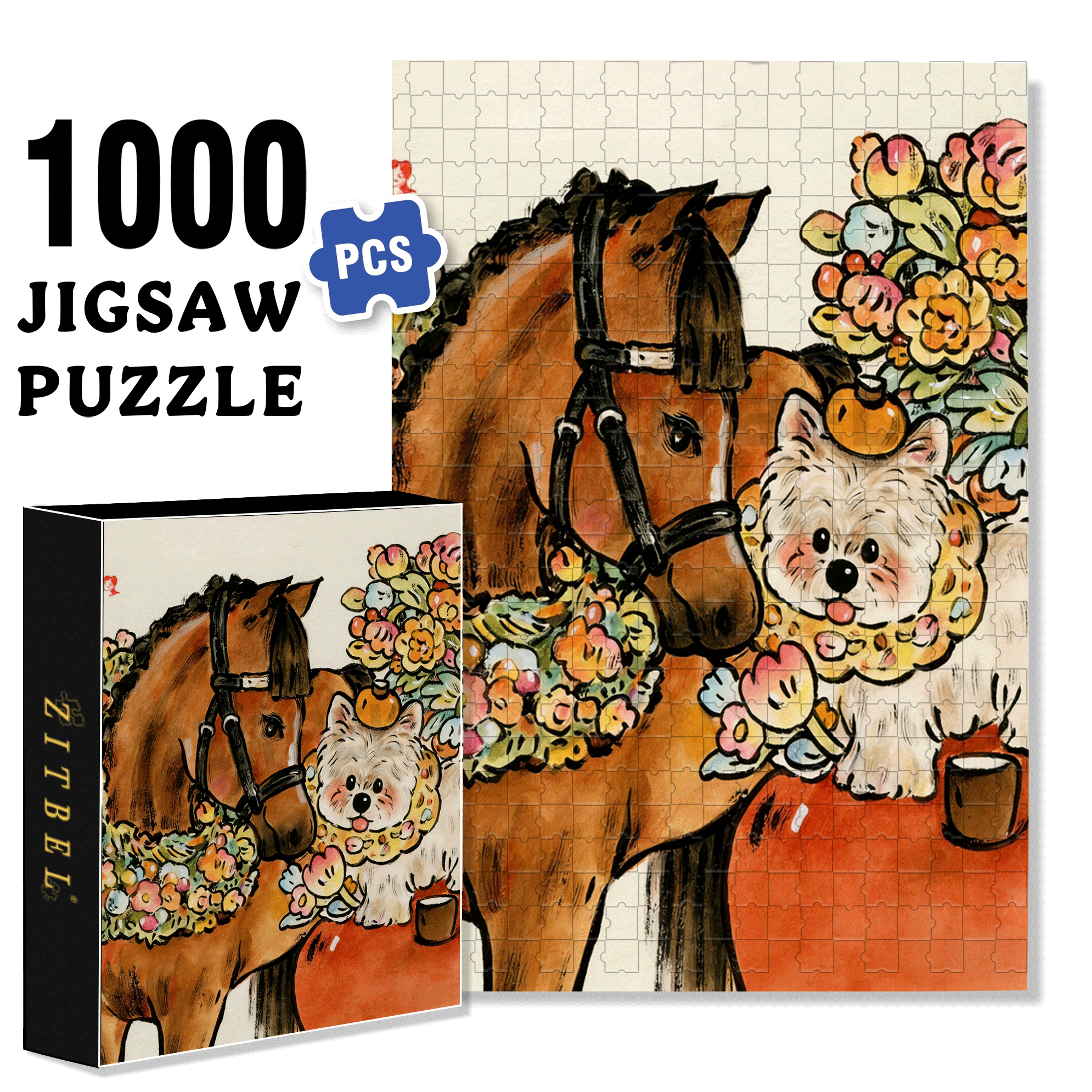 Gentle Little Horse 500pcs/1000pcs Jigsaw Puzzle, Scratch-Resistant, Interactive Family Game & Brain-Boosting DIY Decor, Perfect for Halloween, Christmas & New Year Gifts, Family Puzzle Game