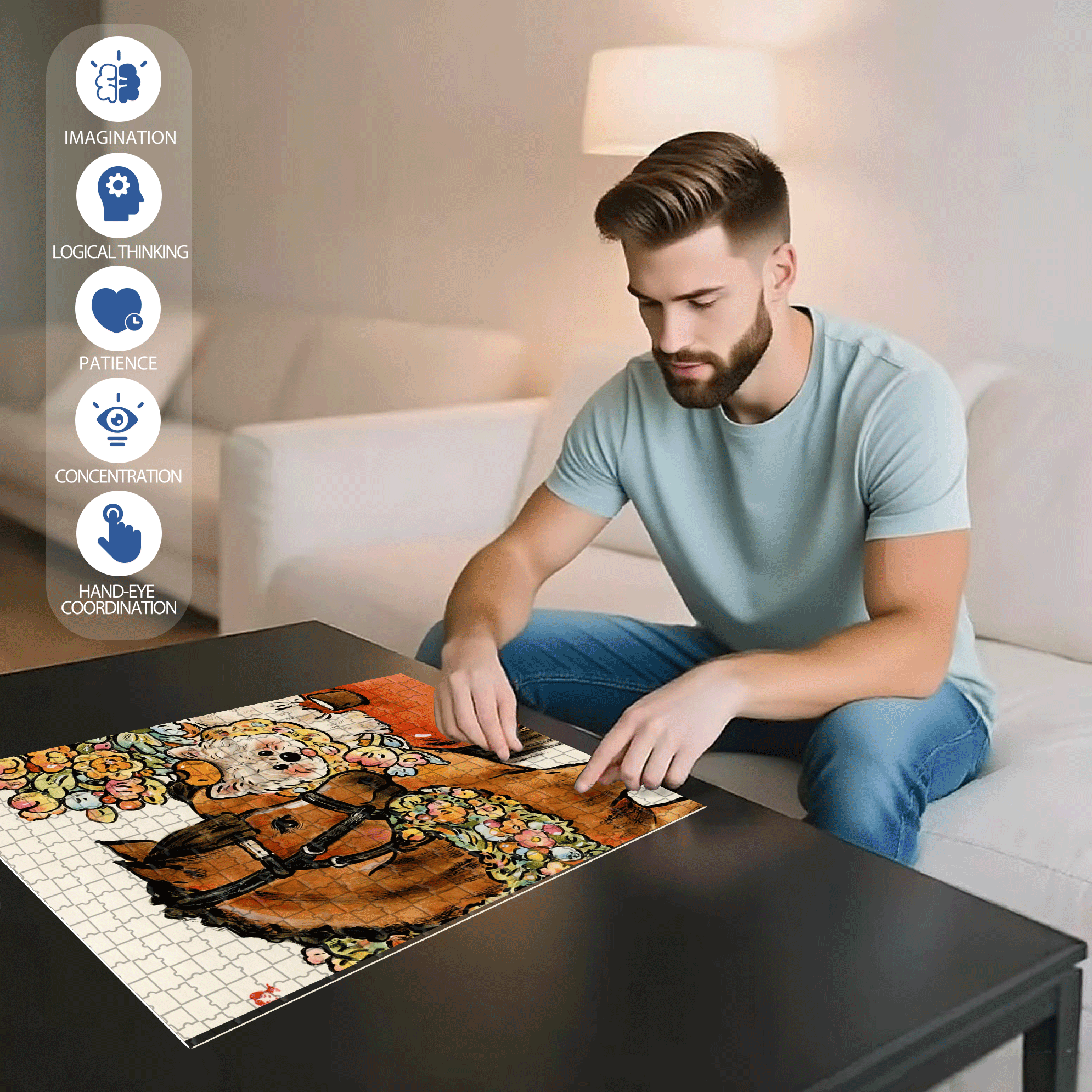 Gentle Little Horse 500pcs/1000pcs Jigsaw Puzzle, Scratch-Resistant, Interactive Family Game & Brain-Boosting DIY Decor, Perfect for Halloween, Christmas & New Year Gifts, Family Puzzle Game