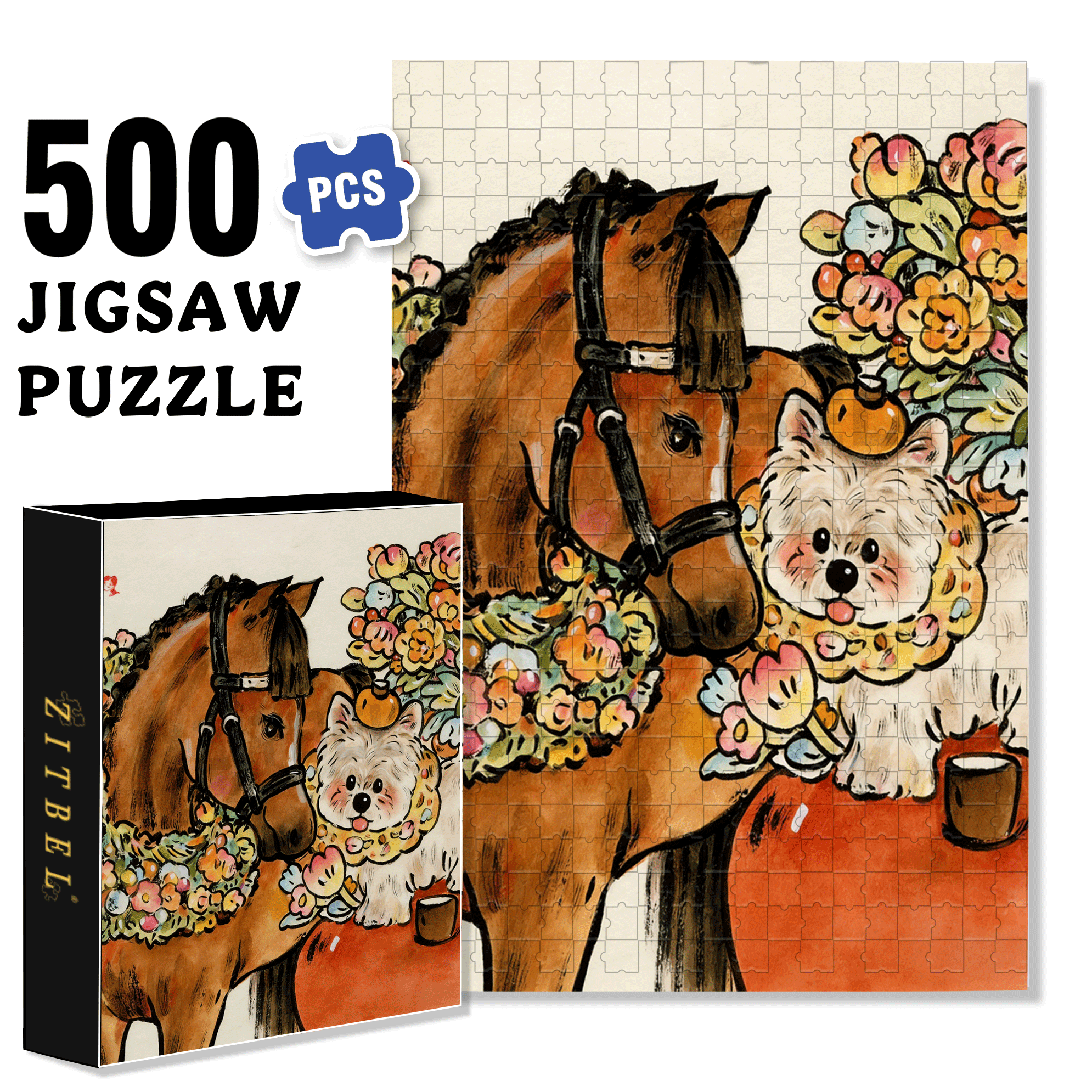 Gentle Little Horse 500pcs/1000pcs Jigsaw Puzzle, Scratch-Resistant, Interactive Family Game & Brain-Boosting DIY Decor, Perfect for Halloween, Christmas & New Year Gifts, Family Puzzle Game