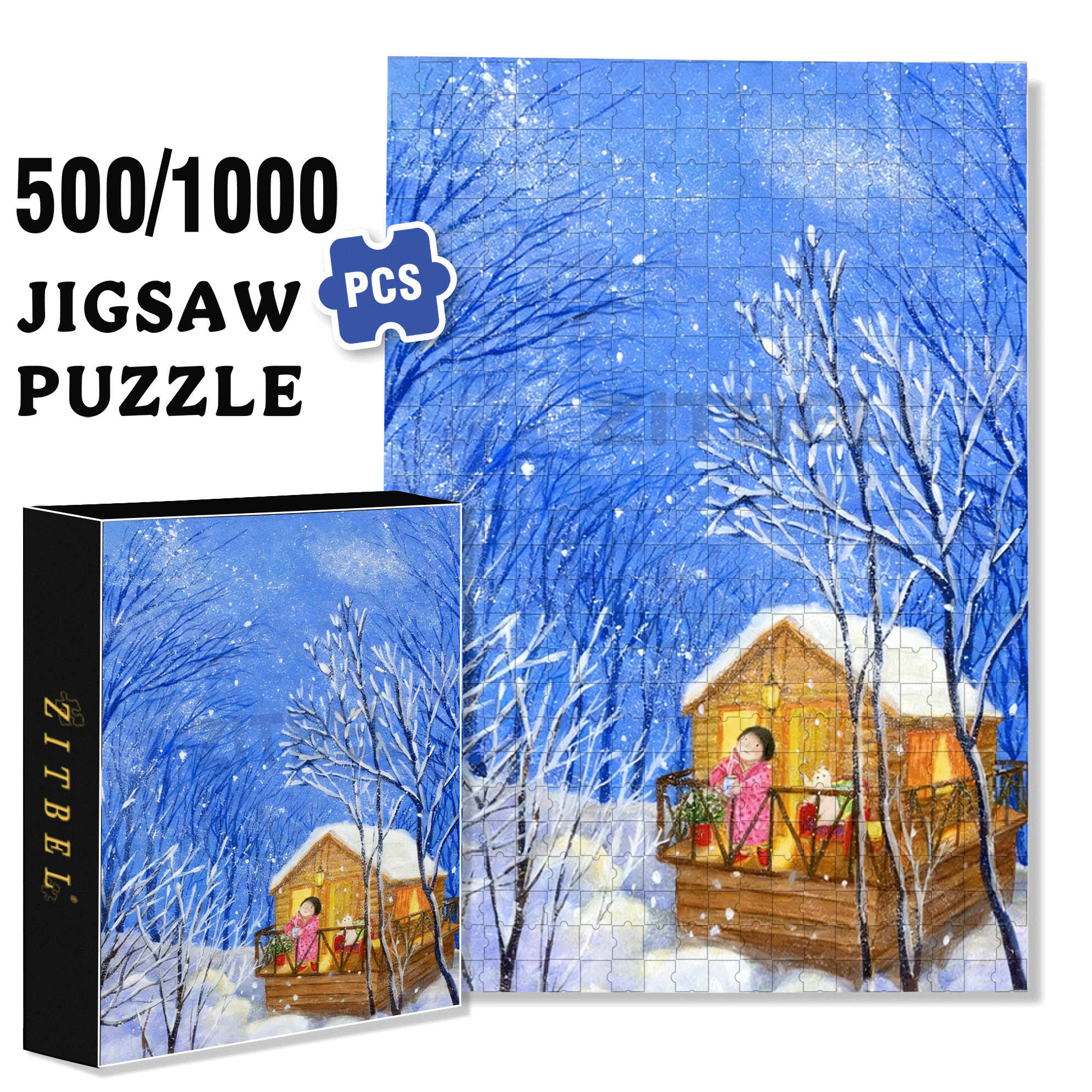 Snowflakes And Wooden Houses 500pcs/1000pcs Jigsaw Puzzle, Scratch-Resistant, Interactive Family Game & Brain-Boosting DIY Decor, Perfect for Halloween, Christmas & New Year Gifts, Family Puzzle Game