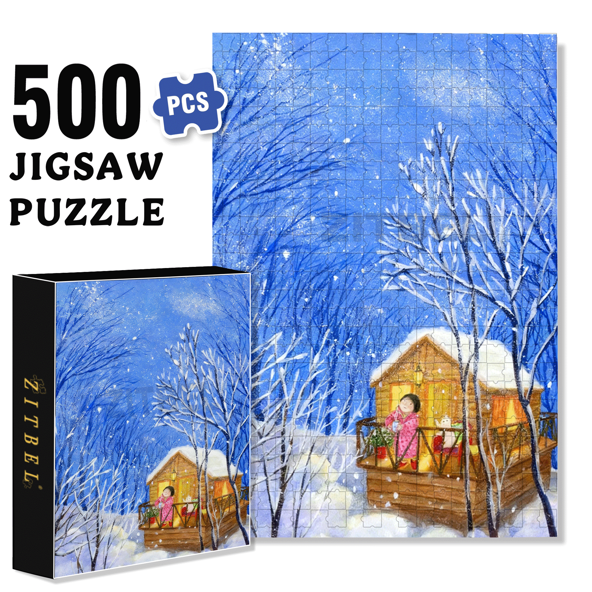 Snowflakes And Wooden Houses 500pcs/1000pcs Jigsaw Puzzle, Scratch-Resistant, Interactive Family Game & Brain-Boosting DIY Decor, Perfect for Halloween, Christmas & New Year Gifts, Family Puzzle Game