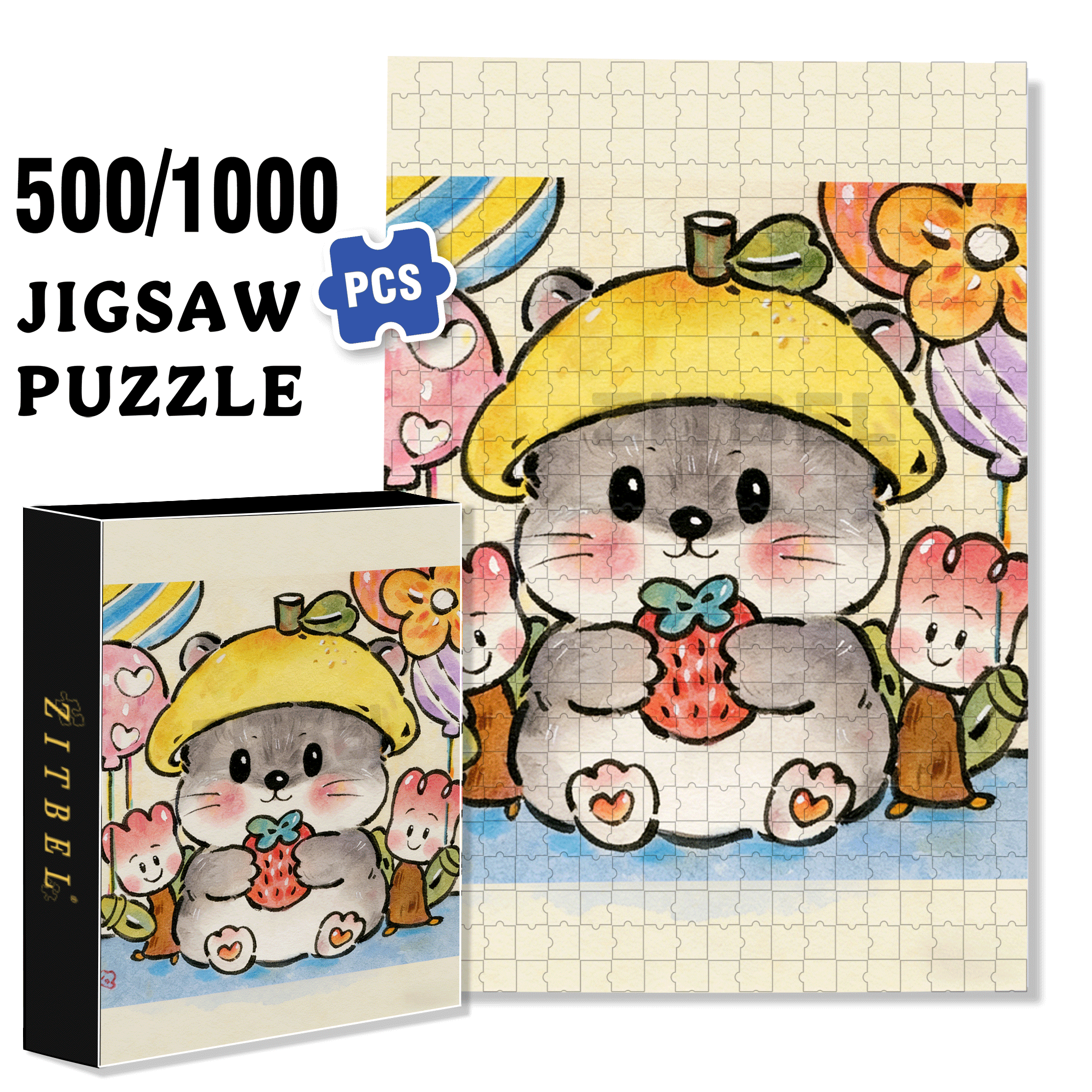 Strawberry Hamster 500pcs/1000pcs Jigsaw Puzzle, Scratch-Resistant, Interactive Family Game & Brain-Boosting DIY Decor, Perfect for Halloween, Christmas & New Year Gifts, Family Puzzle Game