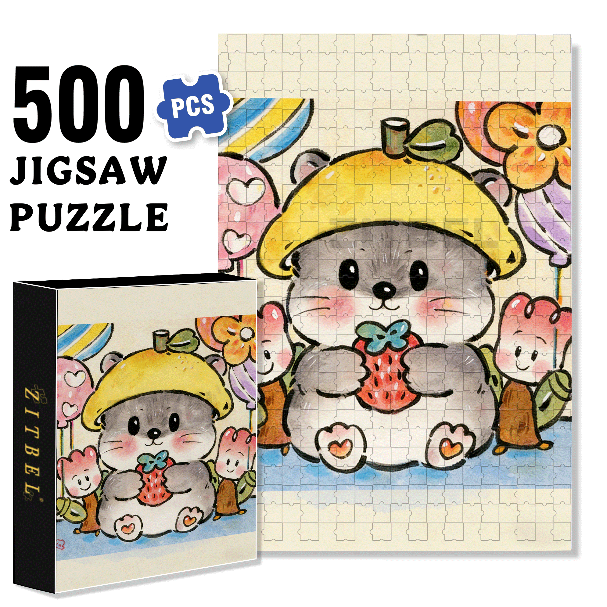 Strawberry Hamster 500pcs/1000pcs Jigsaw Puzzle, Scratch-Resistant, Interactive Family Game & Brain-Boosting DIY Decor, Perfect for Halloween, Christmas & New Year Gifts, Family Puzzle Game
