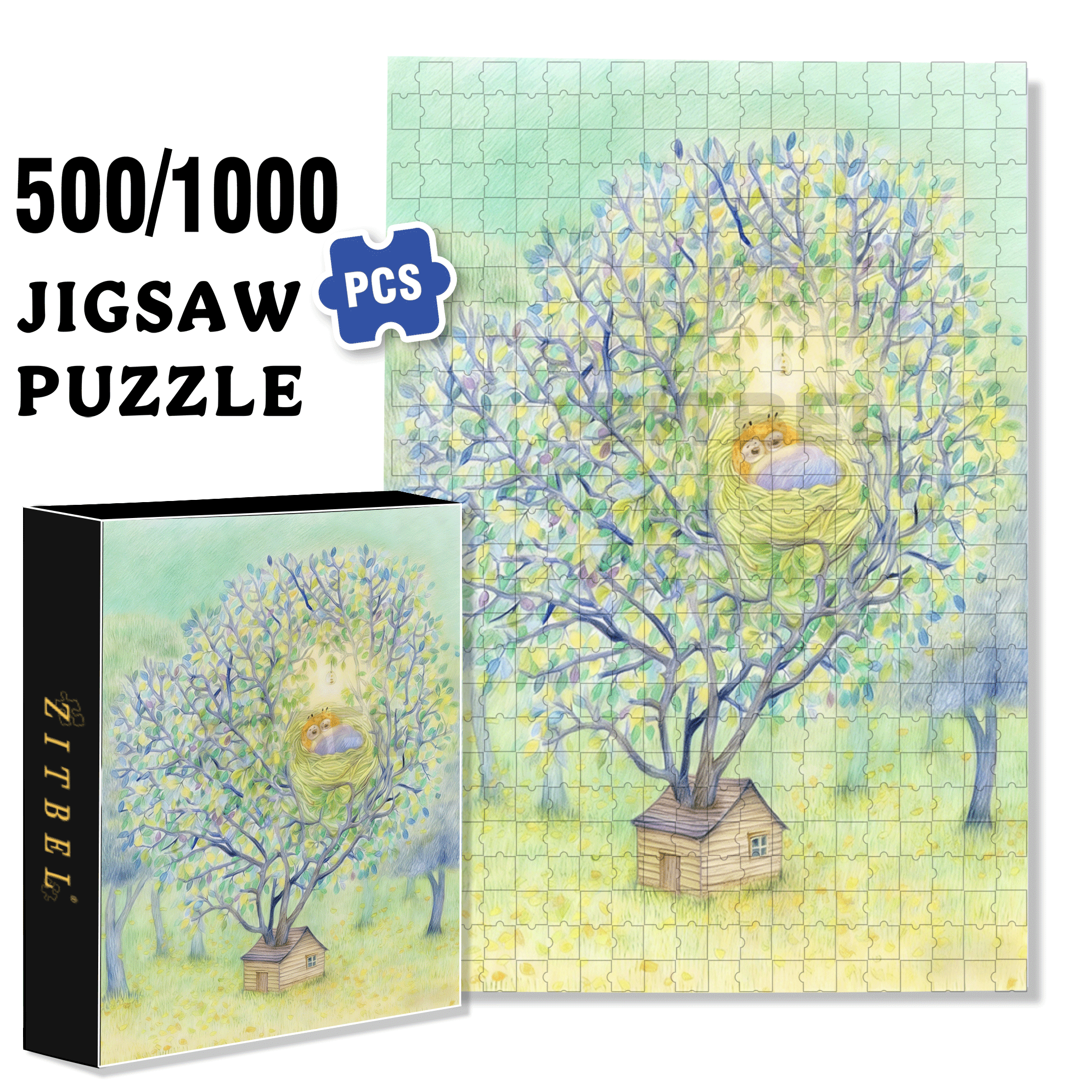 Sweet Dreams in the Nest 500pcs/1000pcs Jigsaw Puzzle, Scratch-Resistant, Interactive Family Game & Brain-Boosting DIY Decor, Perfect for Halloween, Christmas & New Year Gifts, Family Puzzle Game