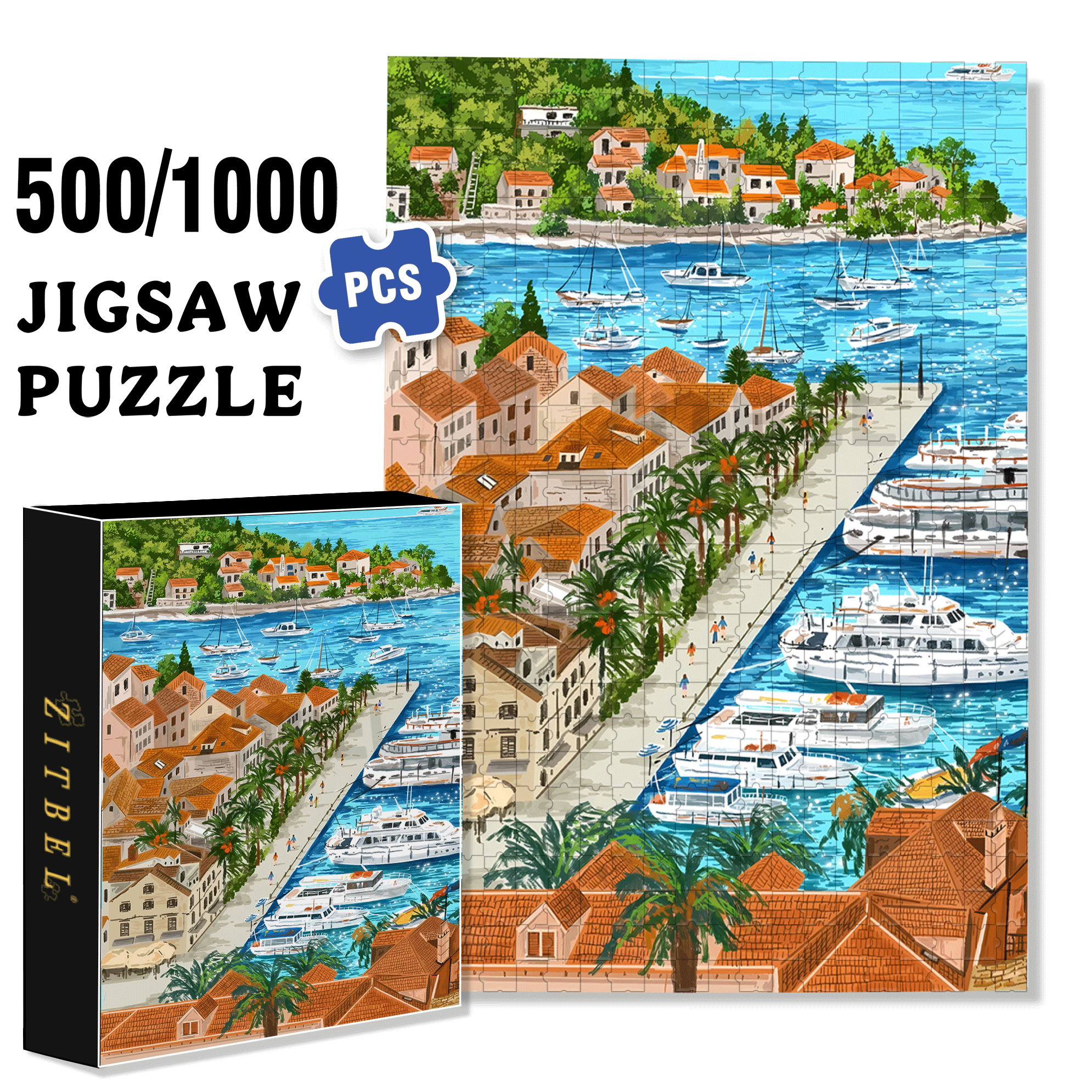 Blue Bay On A Sunny Day 500pcs/1000pcs Jigsaw Puzzle, Scratch-Resistant, Interactive Family Game & Brain-Boosting DIY Decor, Perfect for Halloween, Christmas & New Year Gifts, Family Puzzle Game