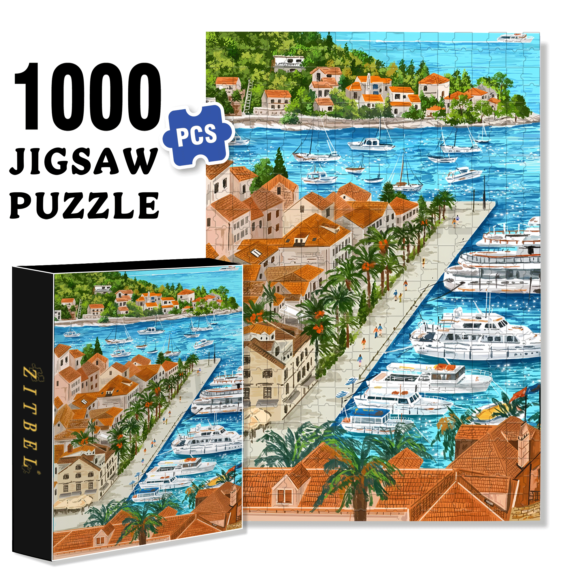 Blue Bay On A Sunny Day 500pcs/1000pcs Jigsaw Puzzle, Scratch-Resistant, Interactive Family Game & Brain-Boosting DIY Decor, Perfect for Halloween, Christmas & New Year Gifts, Family Puzzle Game