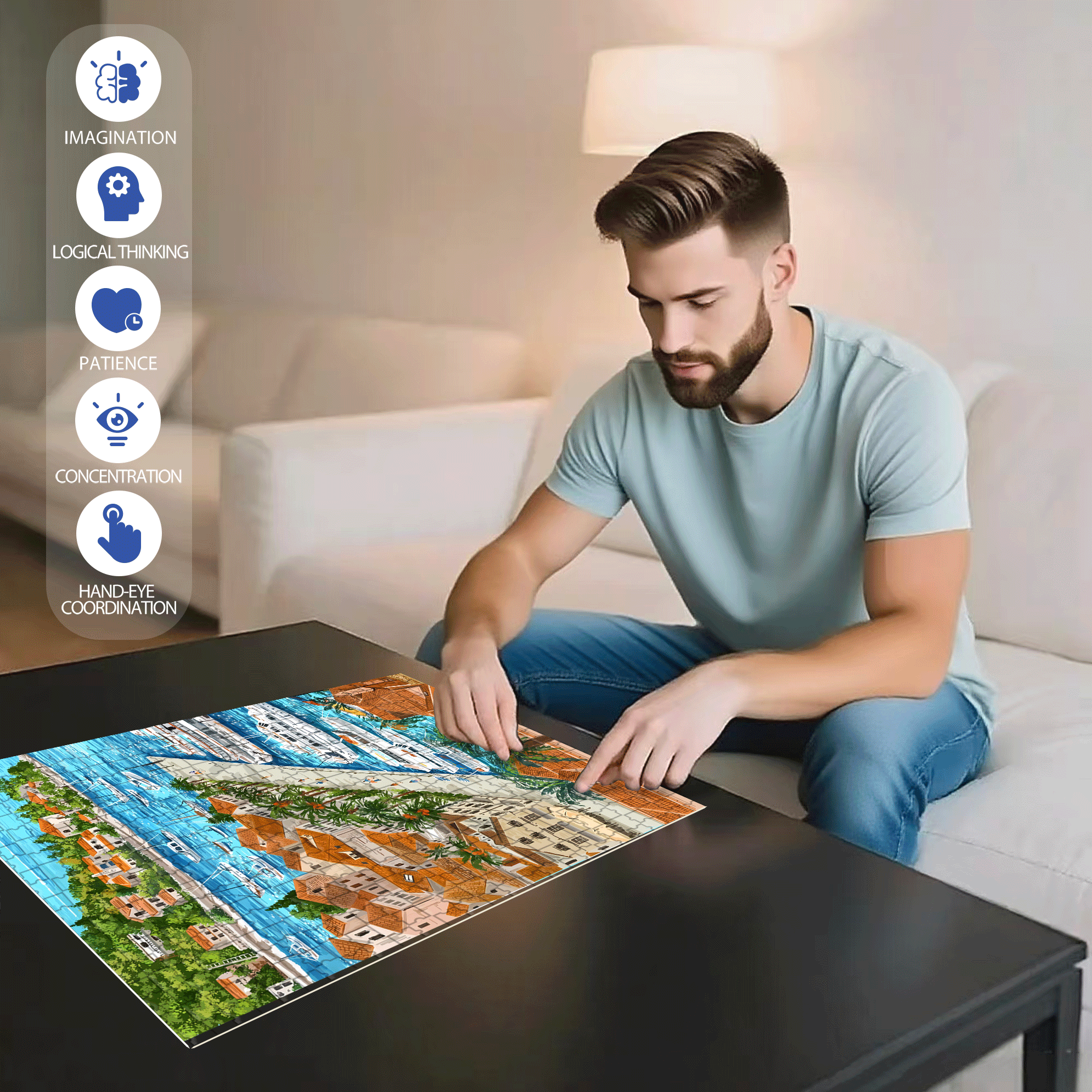 Blue Bay On A Sunny Day 500pcs/1000pcs Jigsaw Puzzle, Scratch-Resistant, Interactive Family Game & Brain-Boosting DIY Decor, Perfect for Halloween, Christmas & New Year Gifts, Family Puzzle Game