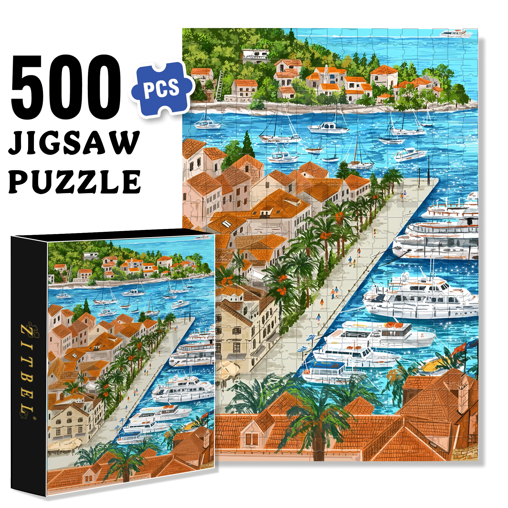 Blue Bay On A Sunny Day 500pcs/1000pcs Jigsaw Puzzle, Scratch-Resistant, Interactive Family Game & Brain-Boosting DIY Decor, Perfect for Halloween, Christmas & New Year Gifts, Family Puzzle Game