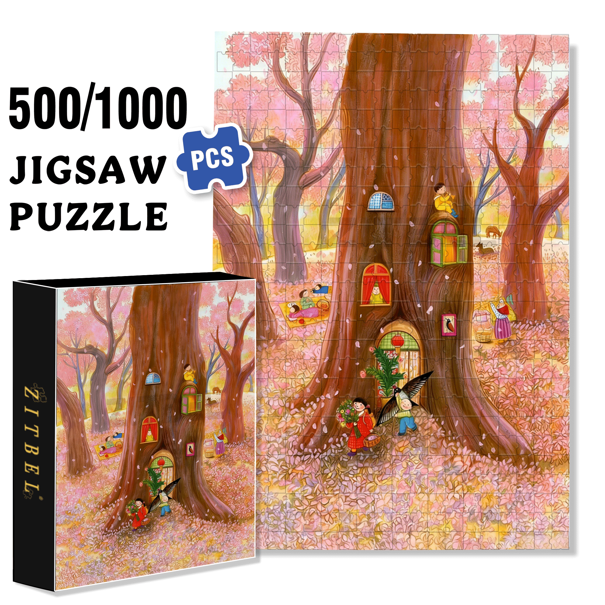 Cherry Blossom Season 500pcs/1000pcs Jigsaw Puzzle, Scratch-Resistant, Interactive Family Game & Brain-Boosting DIY Decor, Perfect for Halloween, Christmas & New Year Gifts, Family Puzzle Game