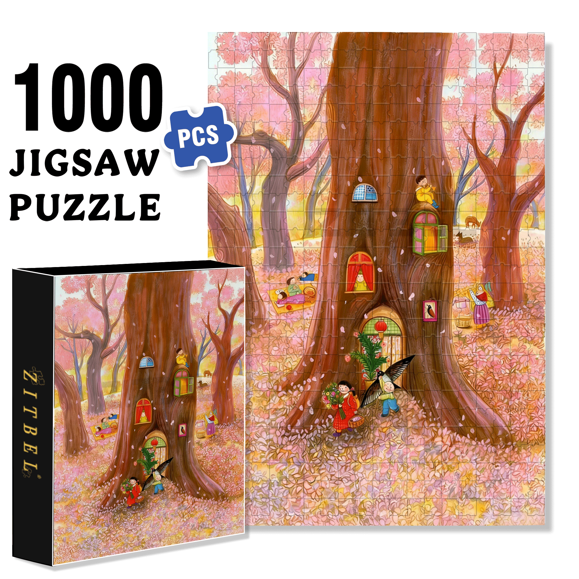 Cherry Blossom Season 500pcs/1000pcs Jigsaw Puzzle, Scratch-Resistant, Interactive Family Game & Brain-Boosting DIY Decor, Perfect for Halloween, Christmas & New Year Gifts, Family Puzzle Game