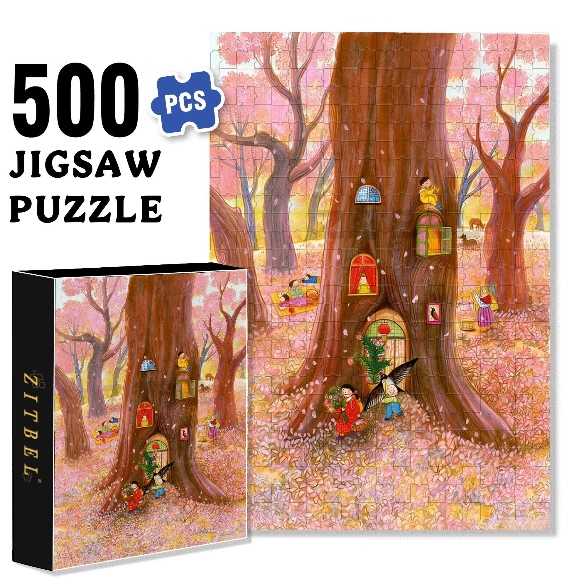 Cherry Blossom Season 500pcs/1000pcs Jigsaw Puzzle, Scratch-Resistant, Interactive Family Game & Brain-Boosting DIY Decor, Perfect for Halloween, Christmas & New Year Gifts, Family Puzzle Game
