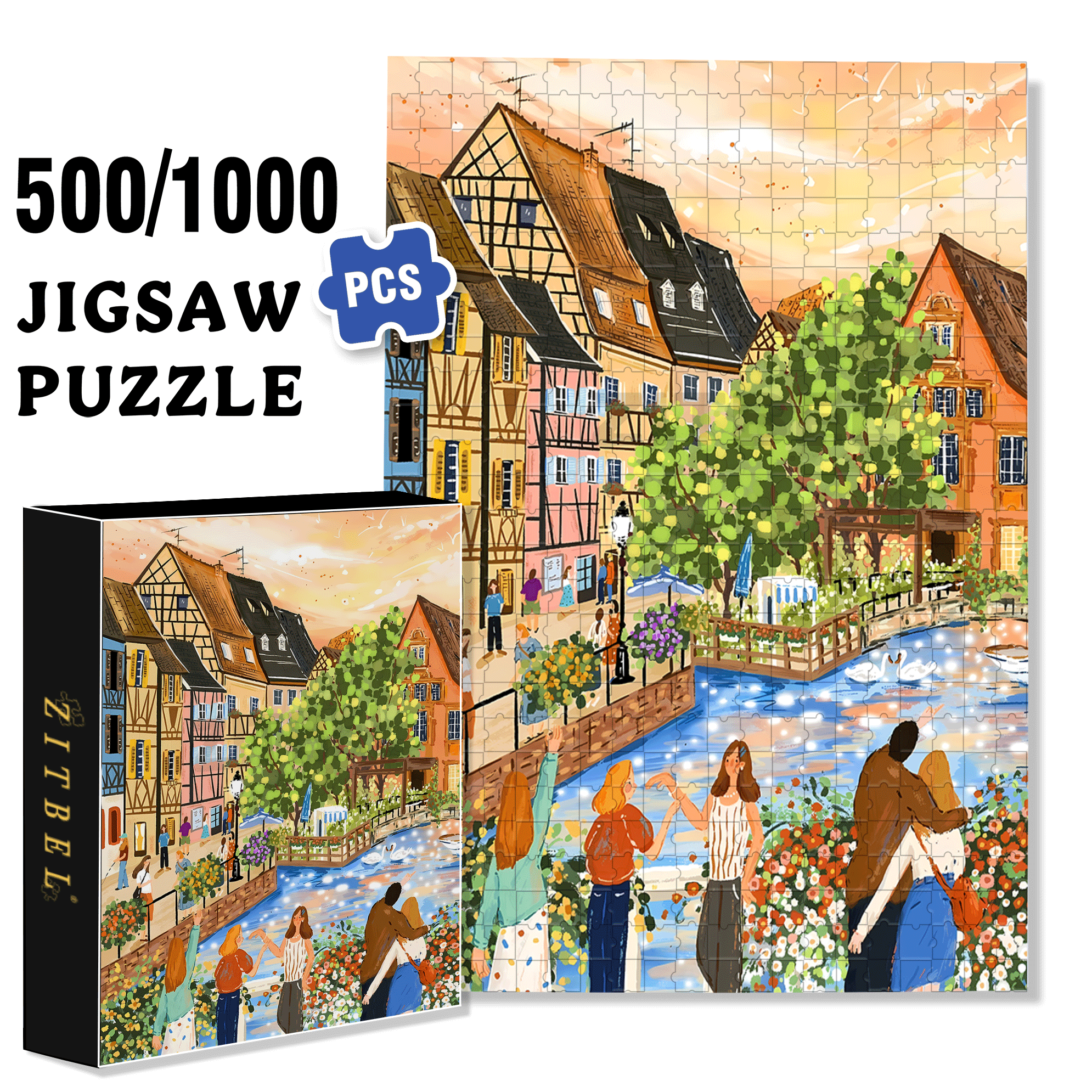 Colmar Town 500pcs/1000pcs Jigsaw Puzzle, Scratch-Resistant, Interactive Family Game & Brain-Boosting DIY Decor, Perfect for Halloween, Christmas & New Year Gifts, Family Puzzle Game