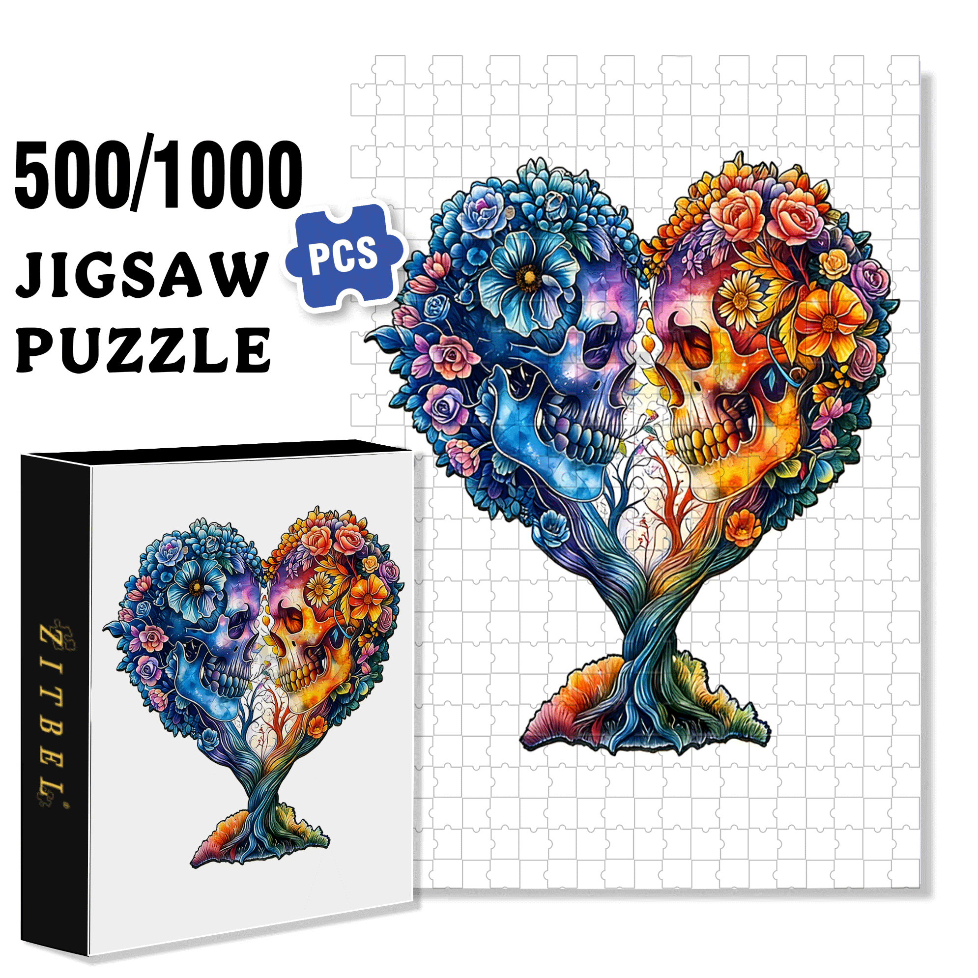 Skull and Love 500pcs/1000pcs Jigsaw Puzzle, Scratch-Resistant, Interactive Family Game & Brain-Boosting DIY Decor, Perfect for Halloween, Christmas & New Year Gifts, Family Puzzle Game