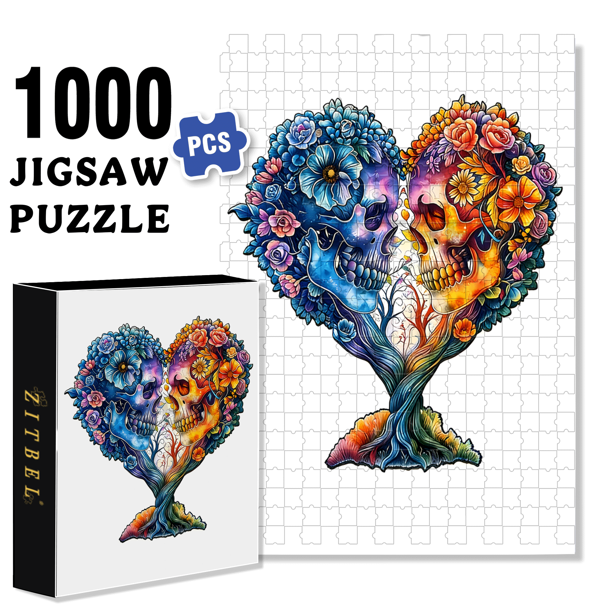 Skull and Love 500pcs/1000pcs Jigsaw Puzzle, Scratch-Resistant, Interactive Family Game & Brain-Boosting DIY Decor, Perfect for Halloween, Christmas & New Year Gifts, Family Puzzle Game